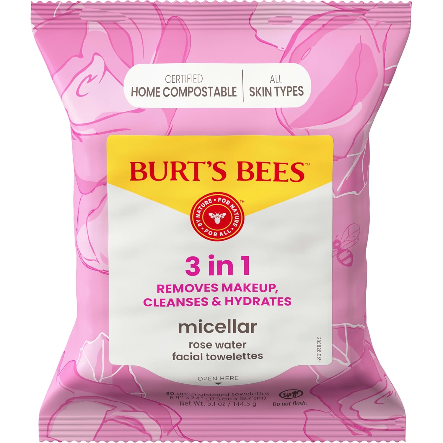 Burt’s Bees Micellar Rose Water Facial Towelettes, 100% Plant Based Cloth; 99% Natural Origin; Remove Makeup, Cleanse, Hydrate; No Greasy, Oily Residue; All Skin Types (Pack May Vary)(Rose,30 Count (Pack of 1))
