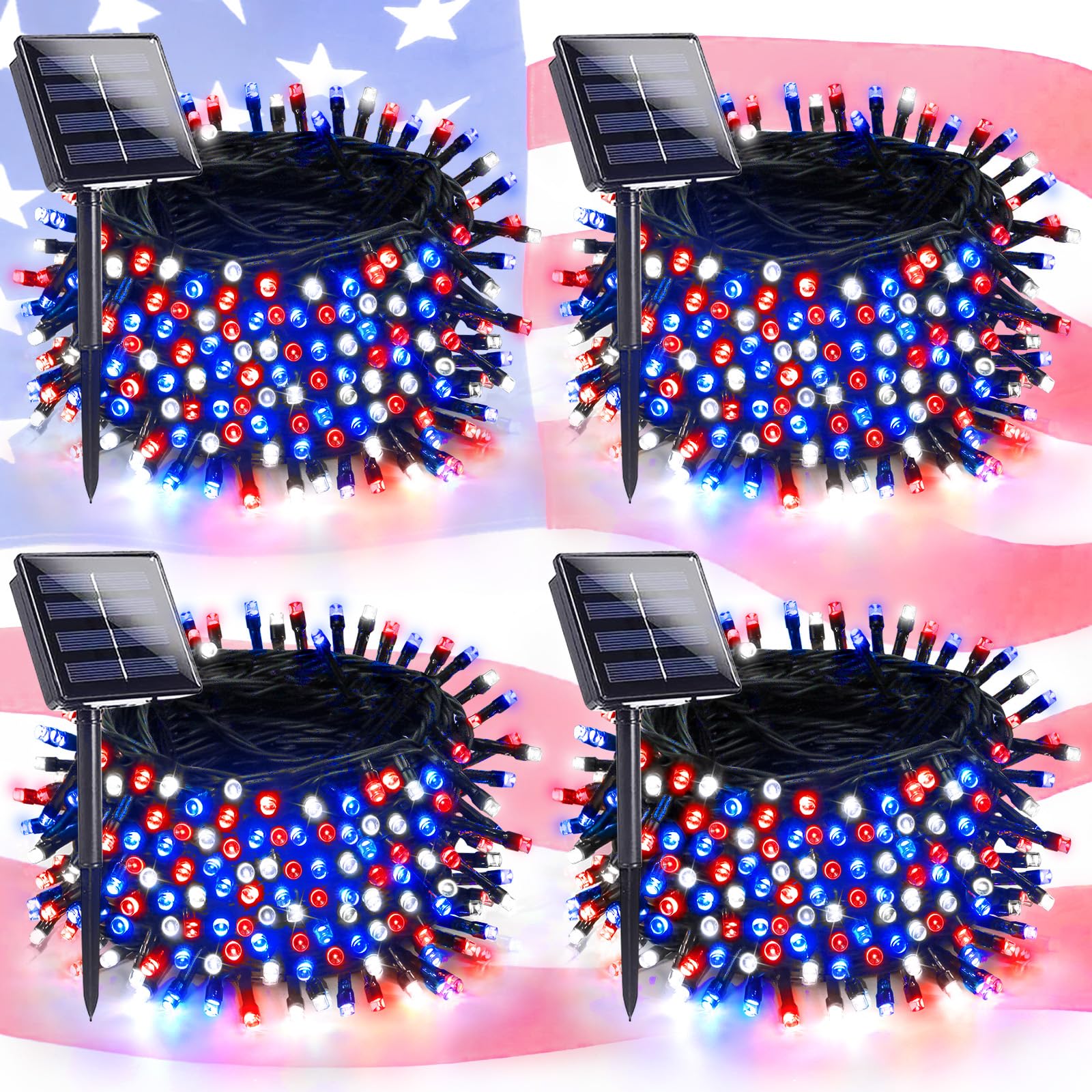 Photo 1 of 4 Pack Red White and Blue Solar String Lights, 320LED 180FT 4th of July Decorations Outdoor Waterproof, 8 Modes Patriotic Solar Fairy Twinkle Lights for Independence Memorial National Day Decorations