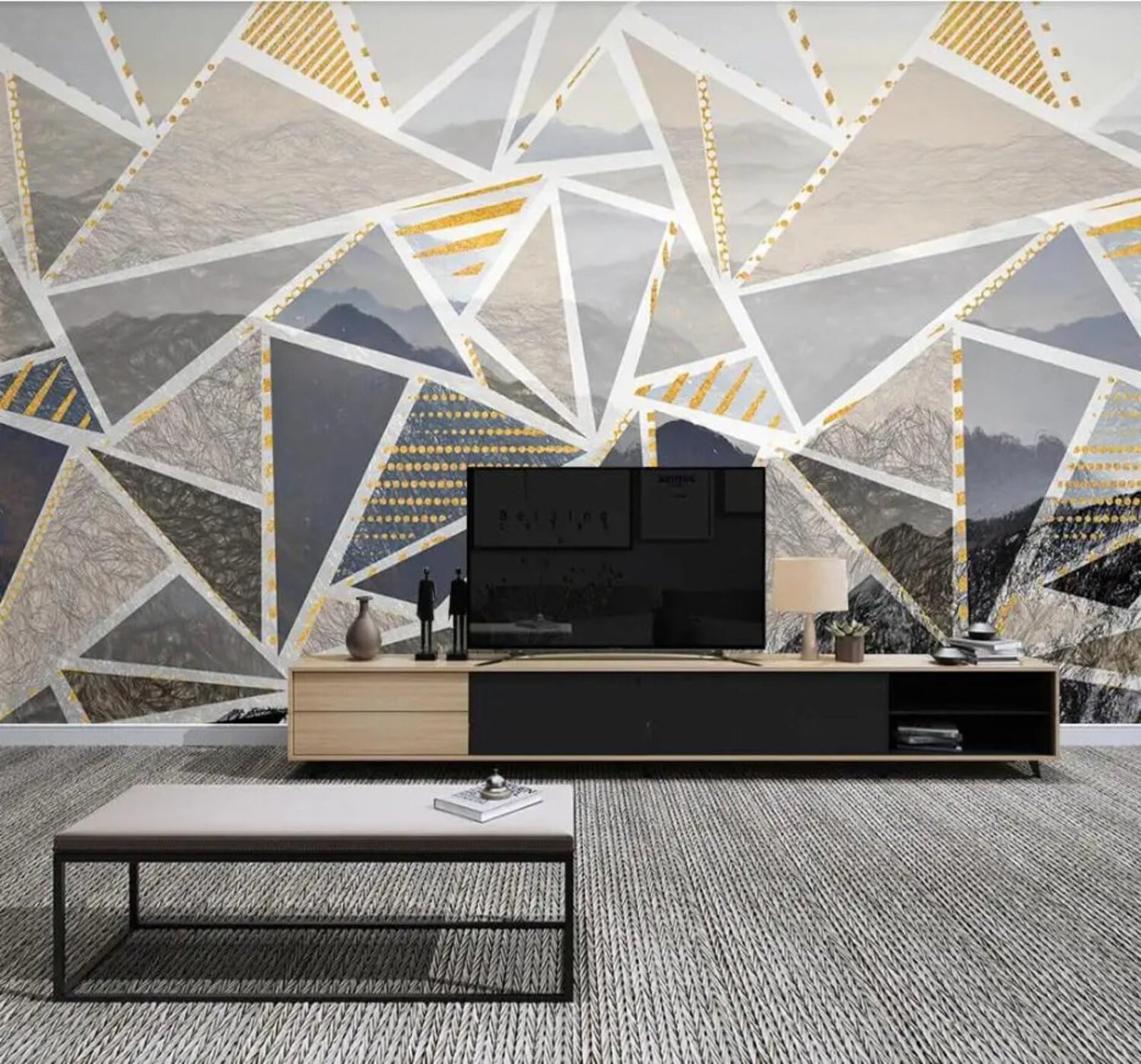 Tzxztt Abstract Hand Painted Geometric Mountain Peaks Landscape Modern 3D Wallpaper Premium Textured Silk Neutral Tones Material Ideal for Living Room Bedroom-150cm×105cm