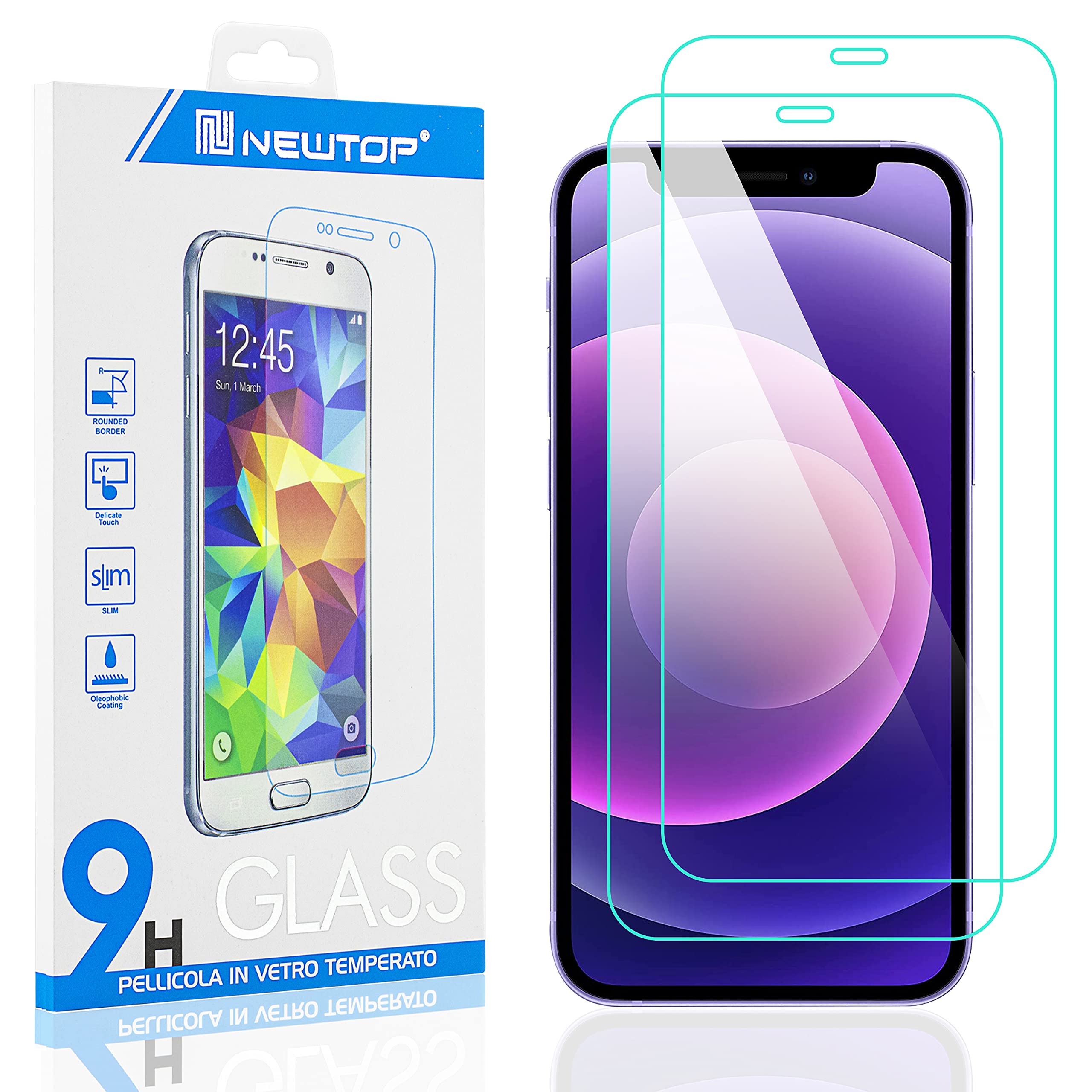N NEWTOP Pellicola Compatibile per iPhone 12 Mini, GLASS FILM 0.3mm 9H Vetro Temperato Proteggi Schermo Display Anti Urto Graffio Protettiva (2 Pezzi