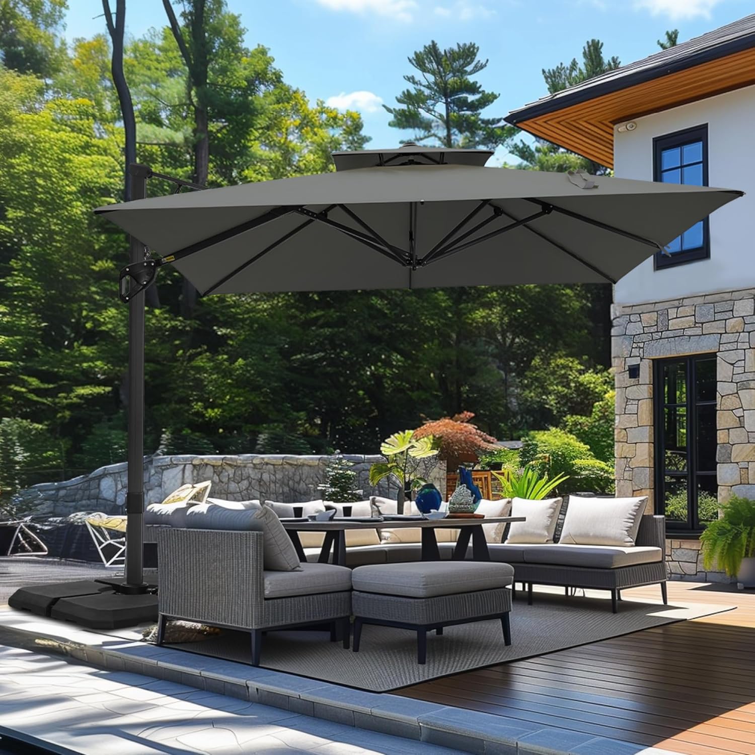 MFSTUDIO 9' x 12' Cantilever Patio Umbrella with Base Included, 360°Rotation Outdoor Umbrella, Rectangular Large Double Top Aluminum Hydraulic Offset Umbrella for Pool Deck Backyard, Gray