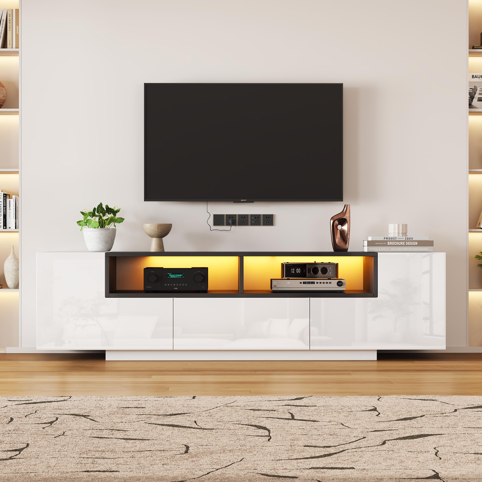 Meuble TV avec Lumières LED et Tiroirs, Armoire de Télévision avec 2 Portes Form L et Espace de Rangement Ouvert, Meuble Télé de Salon, Armoire Basse Salle de Séjour Intérieur (Blanc-4W)