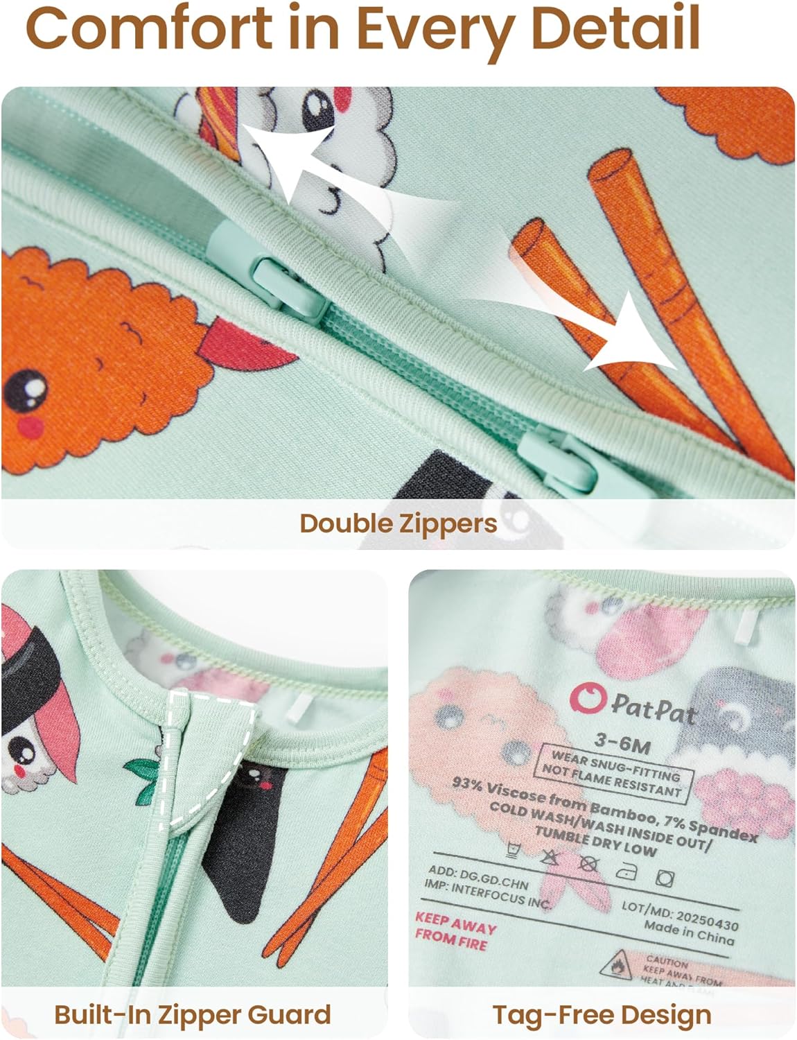 PATPAT Baby Pajama with Bamboo Viscose, Footie Jumpsuit Romper with 2-Way Zipper for Baby Boy Girl Toddler Sleeper Sleepwear - Image 5