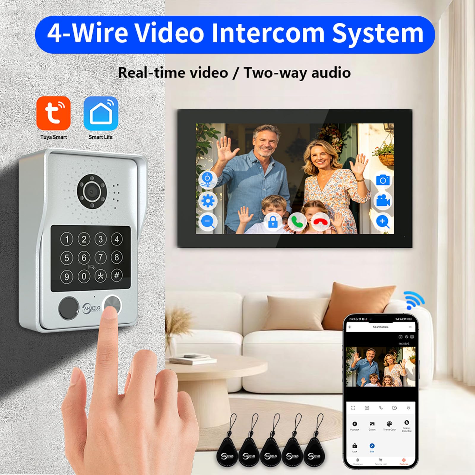 Domofon wideodomofonu, 7-calowy monitor dotykowy z dzwonkiem do drzwi 1080p, obsługuje hasło do karty RFID do mieszkania, domu, willi, współpracuje z aplikacją TUYA