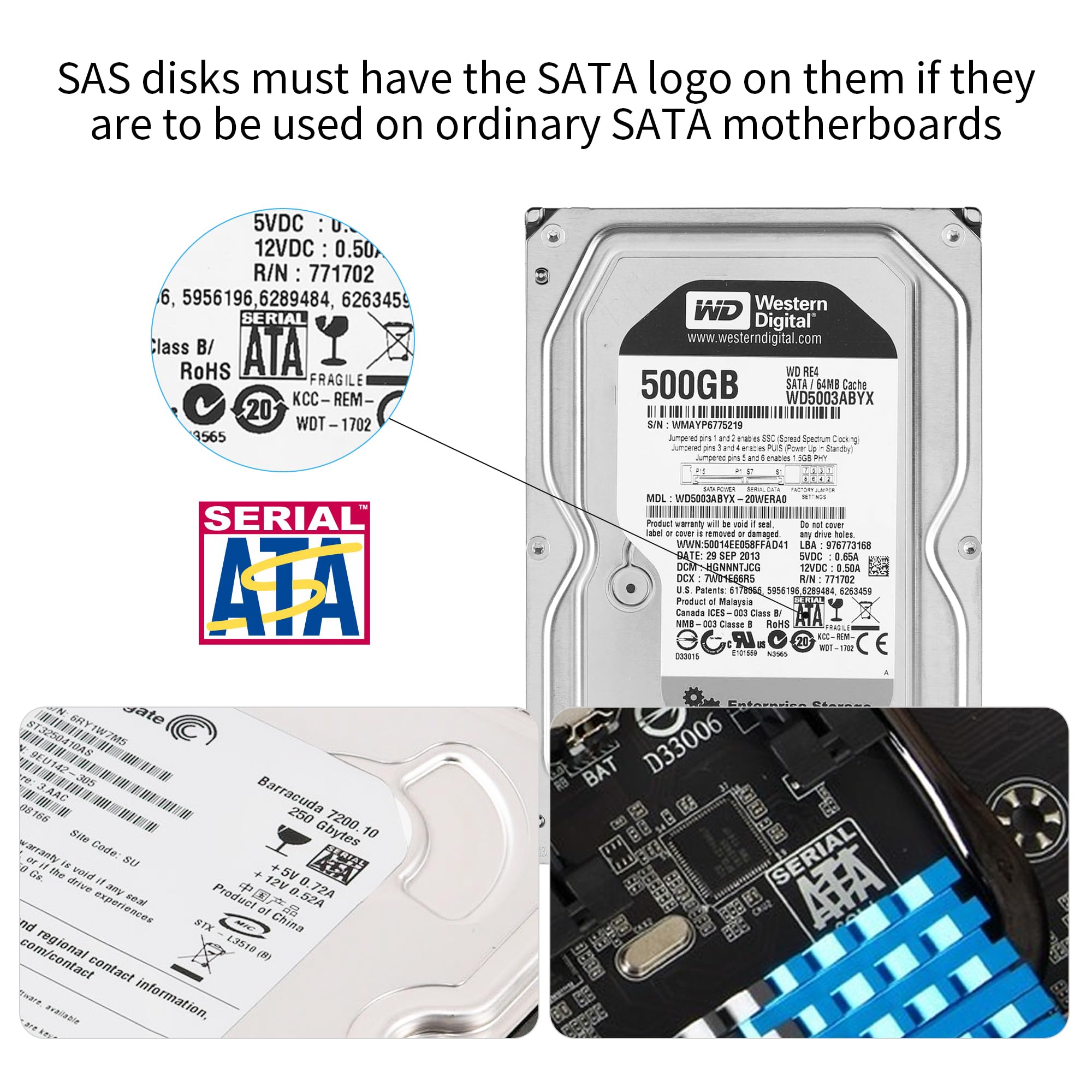 YAODHAOD SAS do SATA Adapter SFF-8482 Konwerter (SAS 29Pin na SATA 22Pin 30CM)