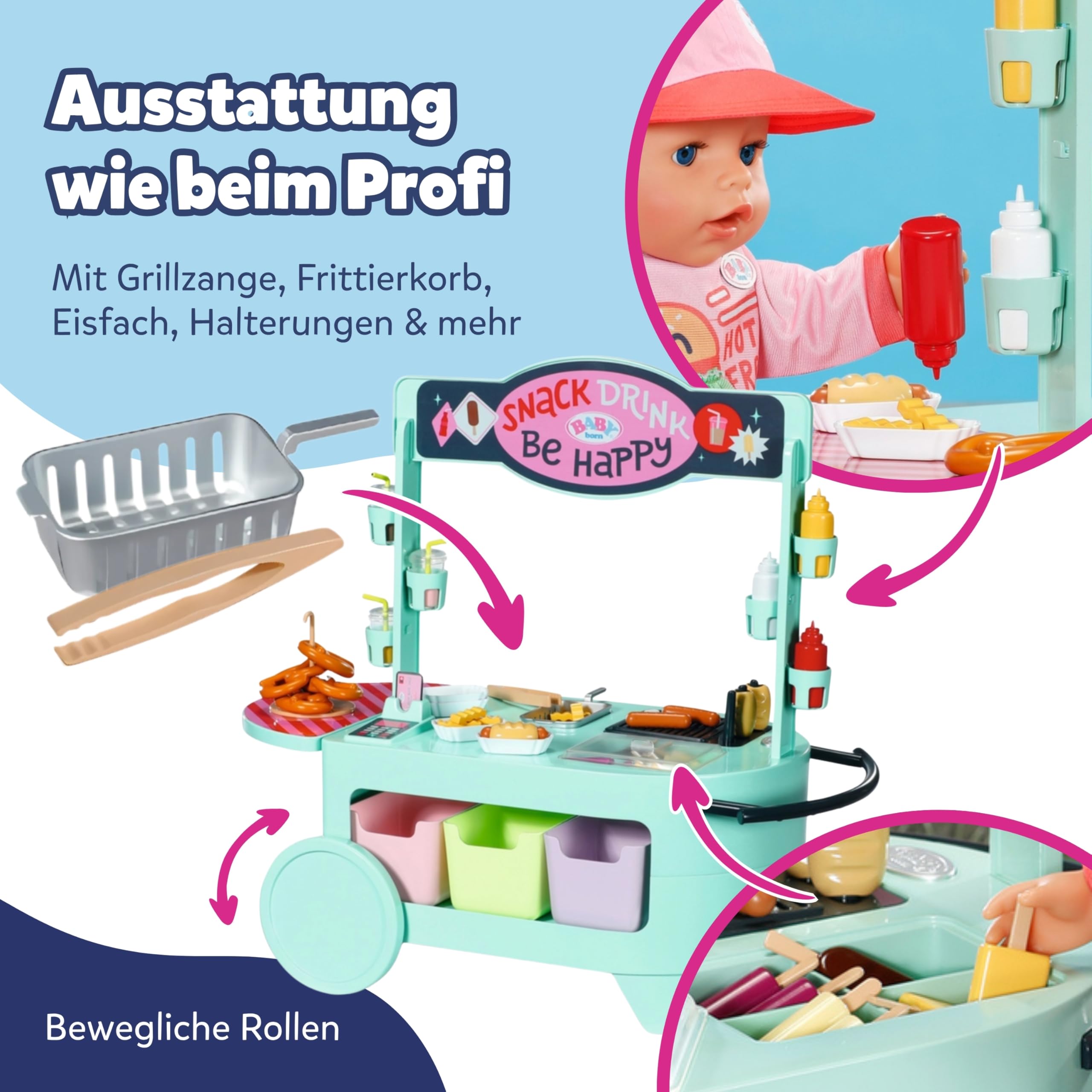 BABY Born Snack Shop - Essensstand für Puppen mit Soundeffekten - 25 Verschiedene Fastfood-Snacks - Hochwertiges Puppenzubehör- Geeignet für Kinder ab 3 Jahren