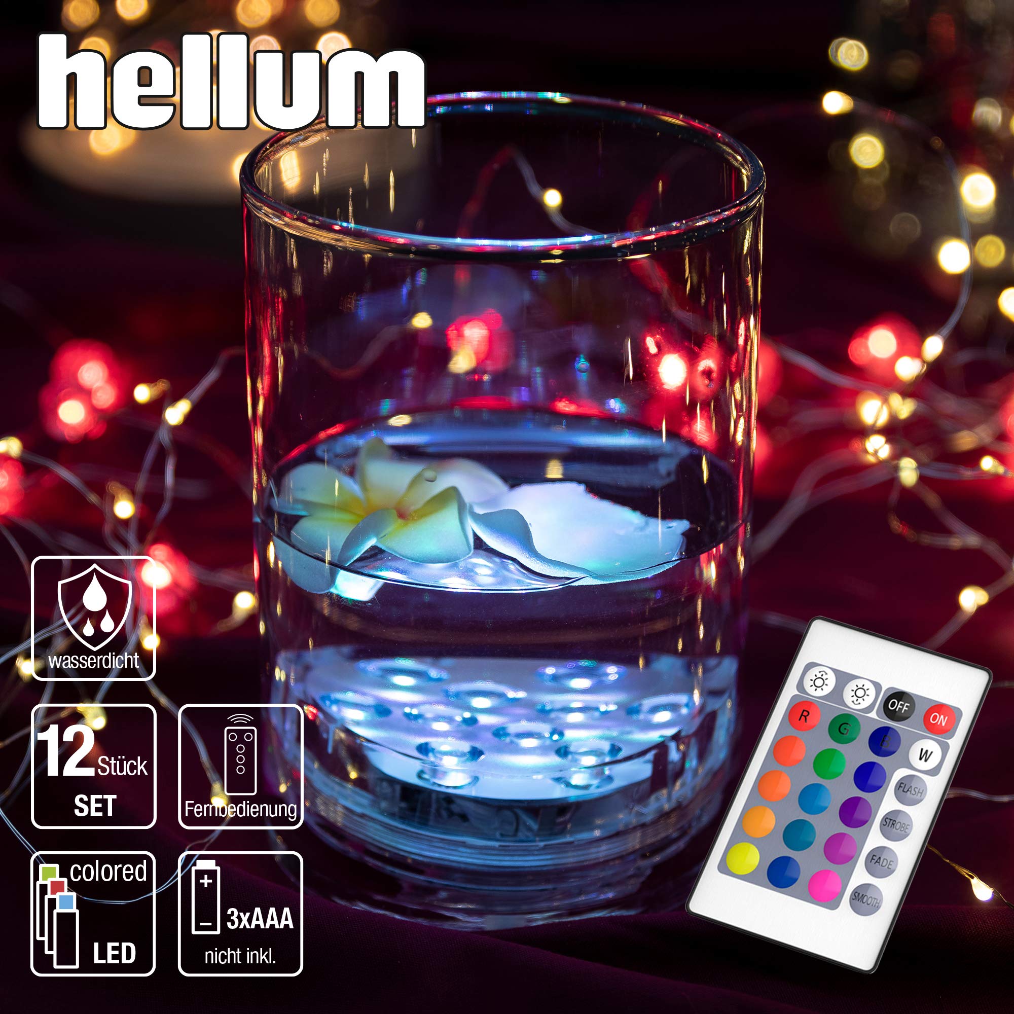 hellum 12x Unterwasser Licht, Fernbedienung & 16 Farben, Batterie (3xAAA) | Unterwasser Licht Farbwechsel mit 16 Farben 7x2,9cm, Pool Licht batteriebetrieben, Poolbeleuchtung, Teichbeleuchtung 522945