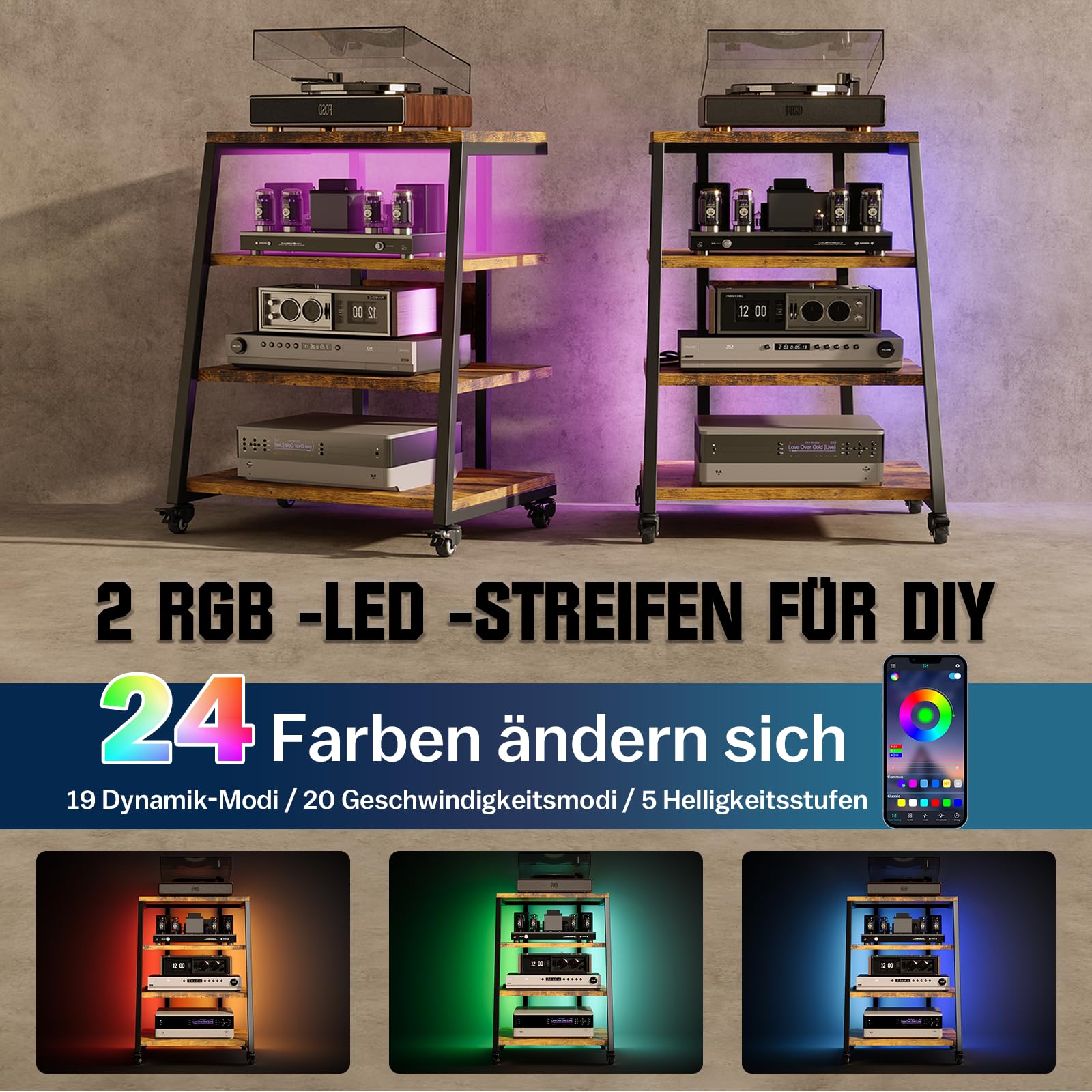 4-stufiger HiFi Rack Holz mit Steckdosenleisten & Verstellbaren Ablage