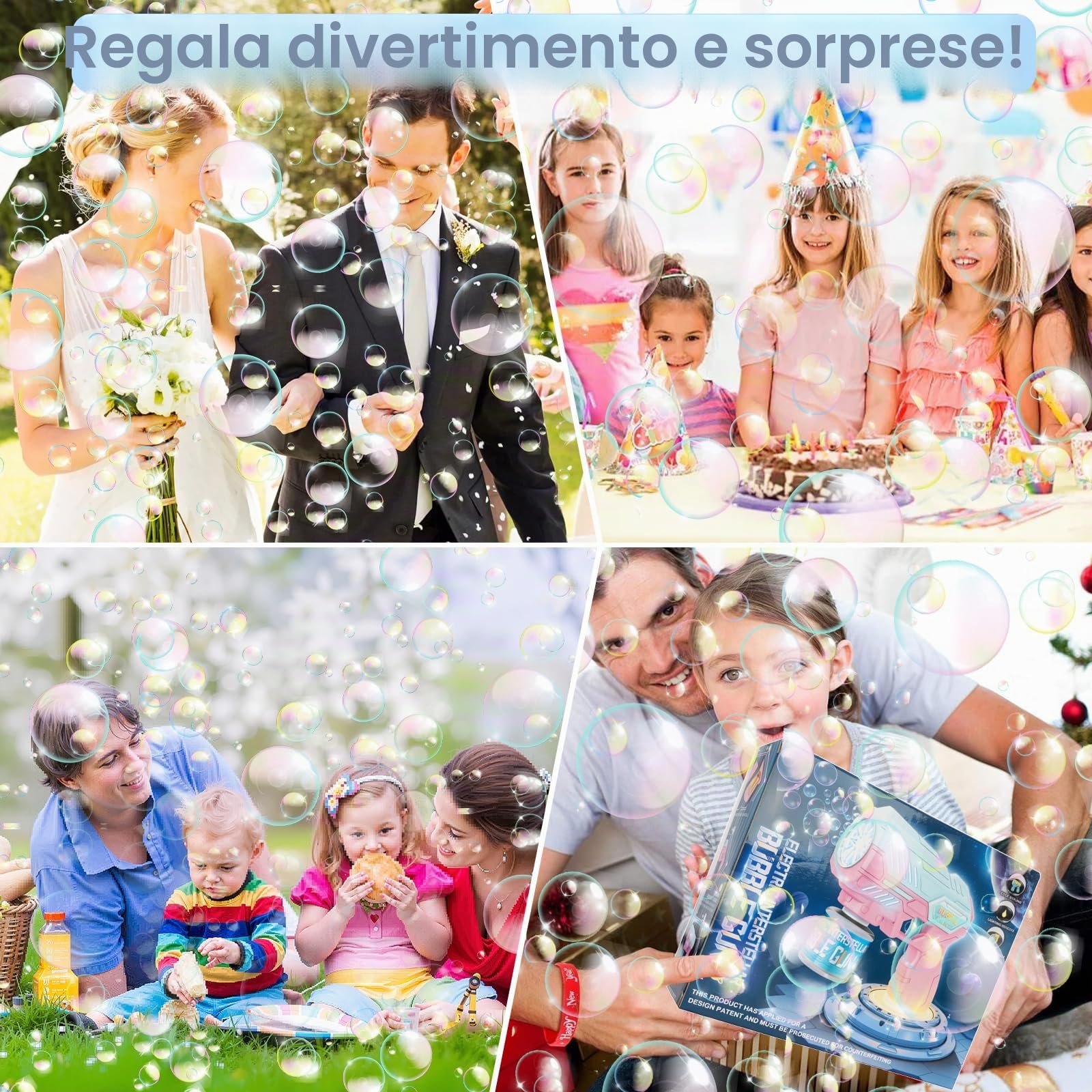 Pistola a Bolle per Bambini, 2 Pcs Macchina Automatica per Bolla di Sapone 10000+ Bolla/Min, Giocattoli a Sapone con Luce LED, 440ml Liquido Incluso, Feste Estive all'aperto Regalo Nozze