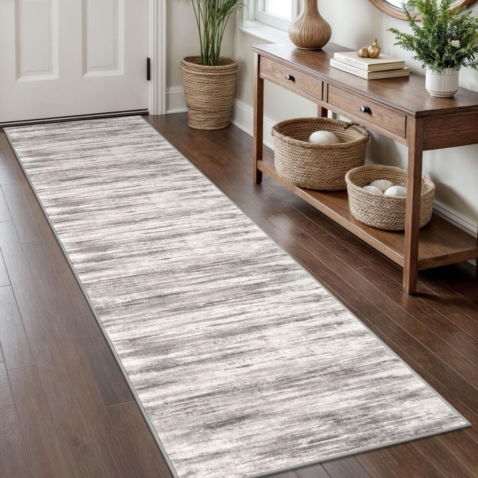 KOZYFLY Modern Abstract Washable Rug Runner 2x8 Hallway Runner Rug Non-Slip Soft Kitchen Runner Rugs, Print Grey-Beige Striped Carpet Runner for Entryway Bathroom Laundry Room Foyer — image 1