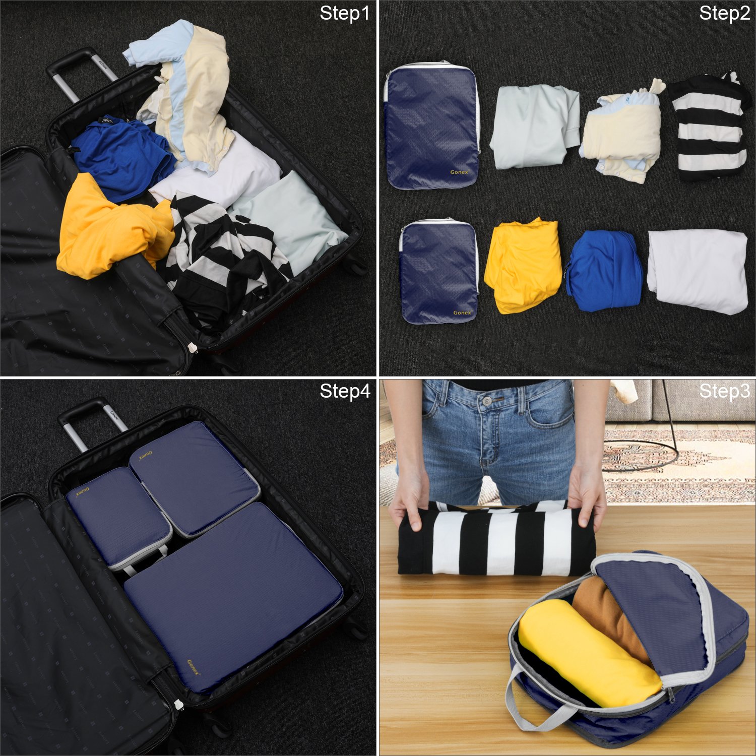 Gonex Packing Cubes Zestaw toreb na ubrania, 3- lub 4-częściowy zestaw kostek podróżnych, organizer do walizki, kolor niebieski (zestaw 4-częściowy)