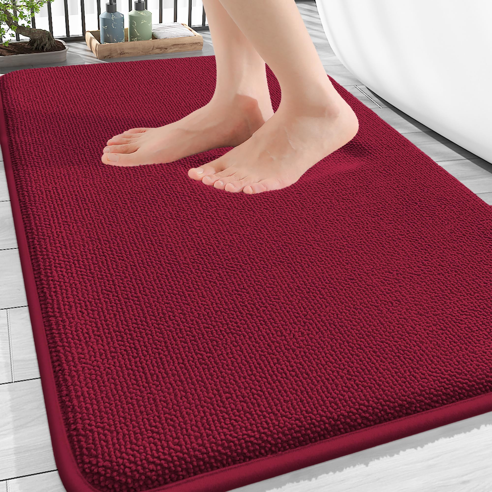 OLANLY Thick Memory Foam Bathroom Rugs 30x20, Absorbent Bath Mat, Burgundy