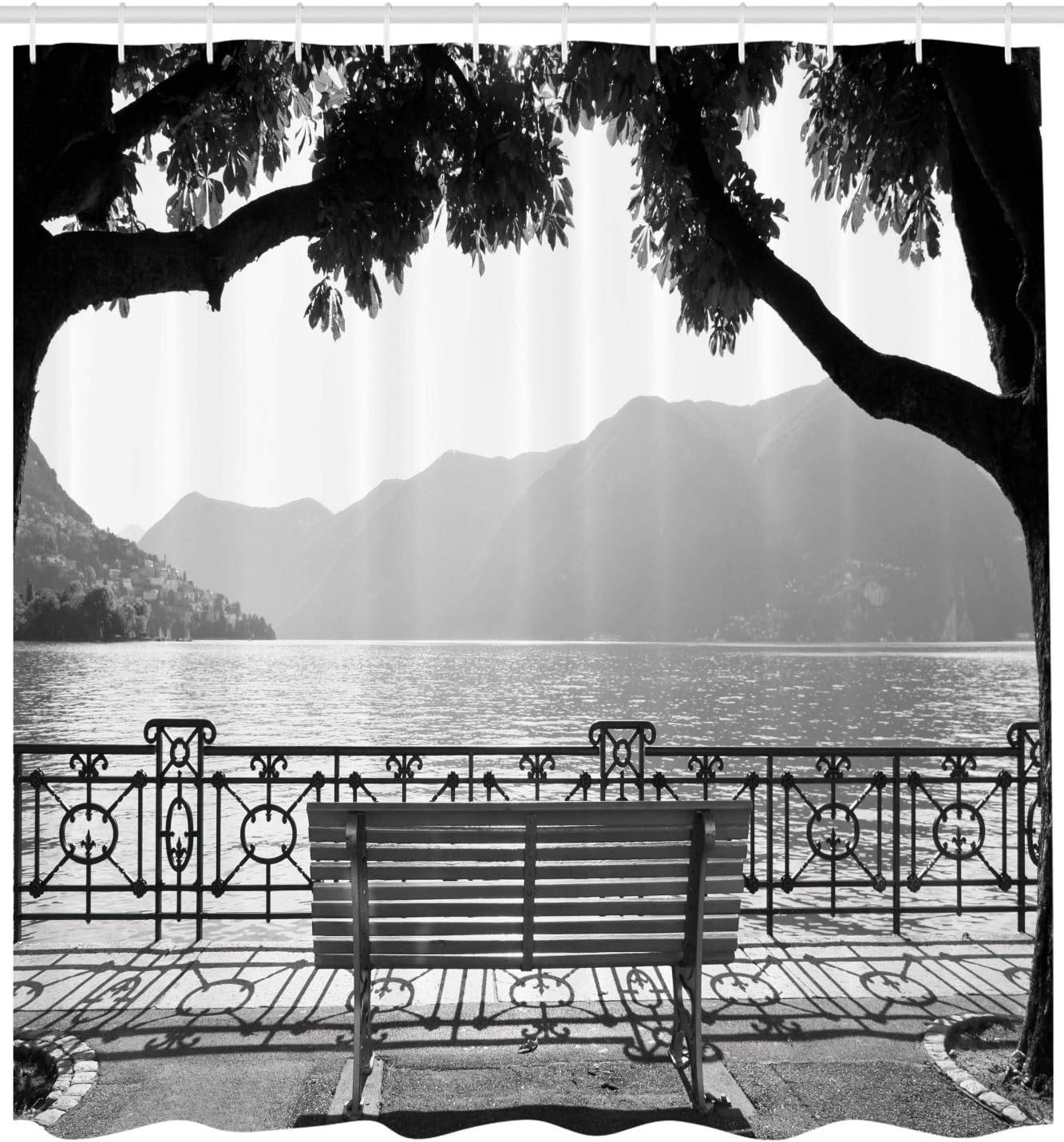 Ambesonne Grey Shower Curtain, Romantic Scenery with a Bench by The Lake Outdoors Trees Empty Park View Mountain Range, Cloth Fabric Bathroom Decor Set with Hooks, 69" W x 75" L, Grey