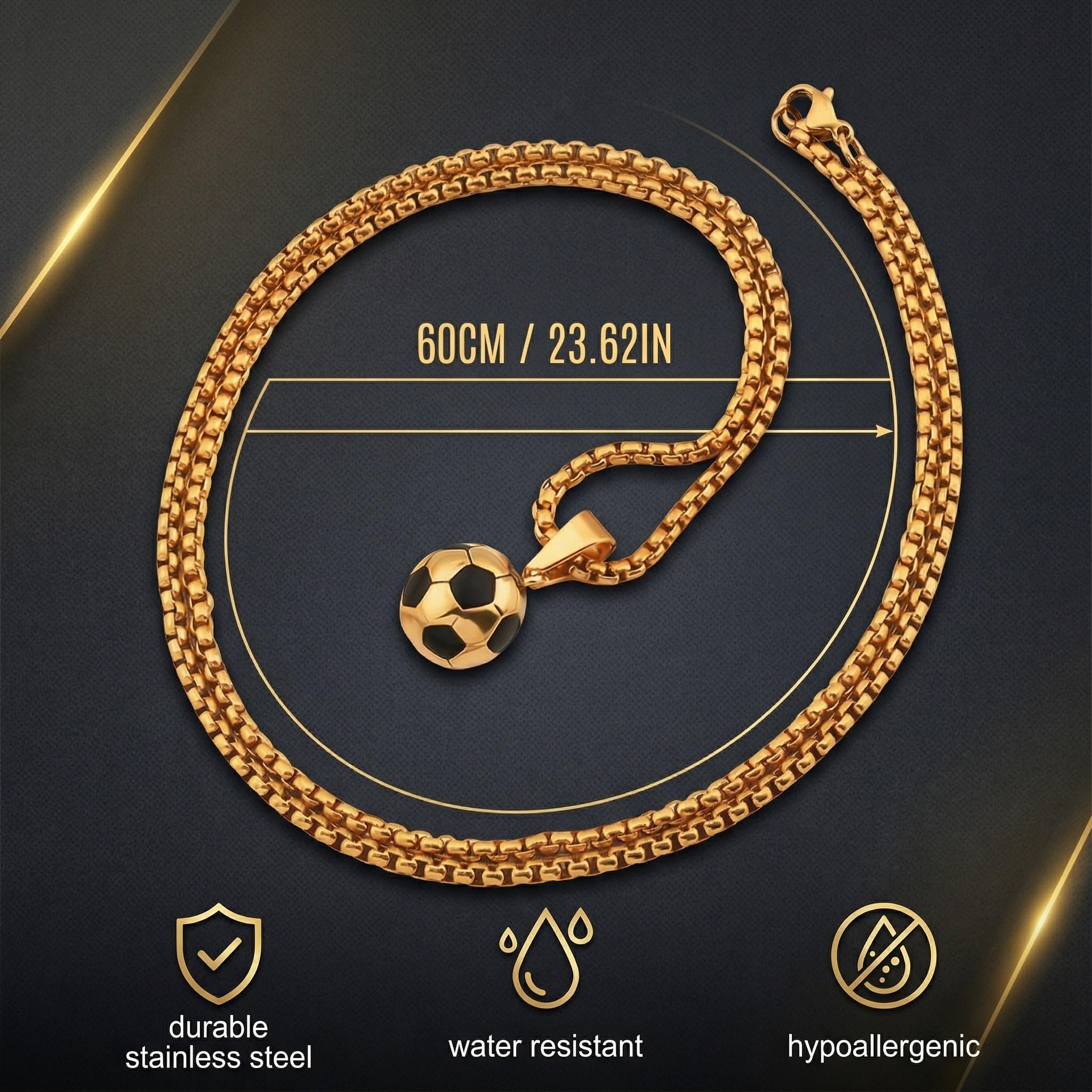 Conjunto de 2 Collares de Fútbol para Hombre y Niño, Colgante de Balón 3D y Dorsal Número 7, Cadena de Acero Inoxidable Dorado de 60cm, Regalo para Fans de Fútbol y Deportistas