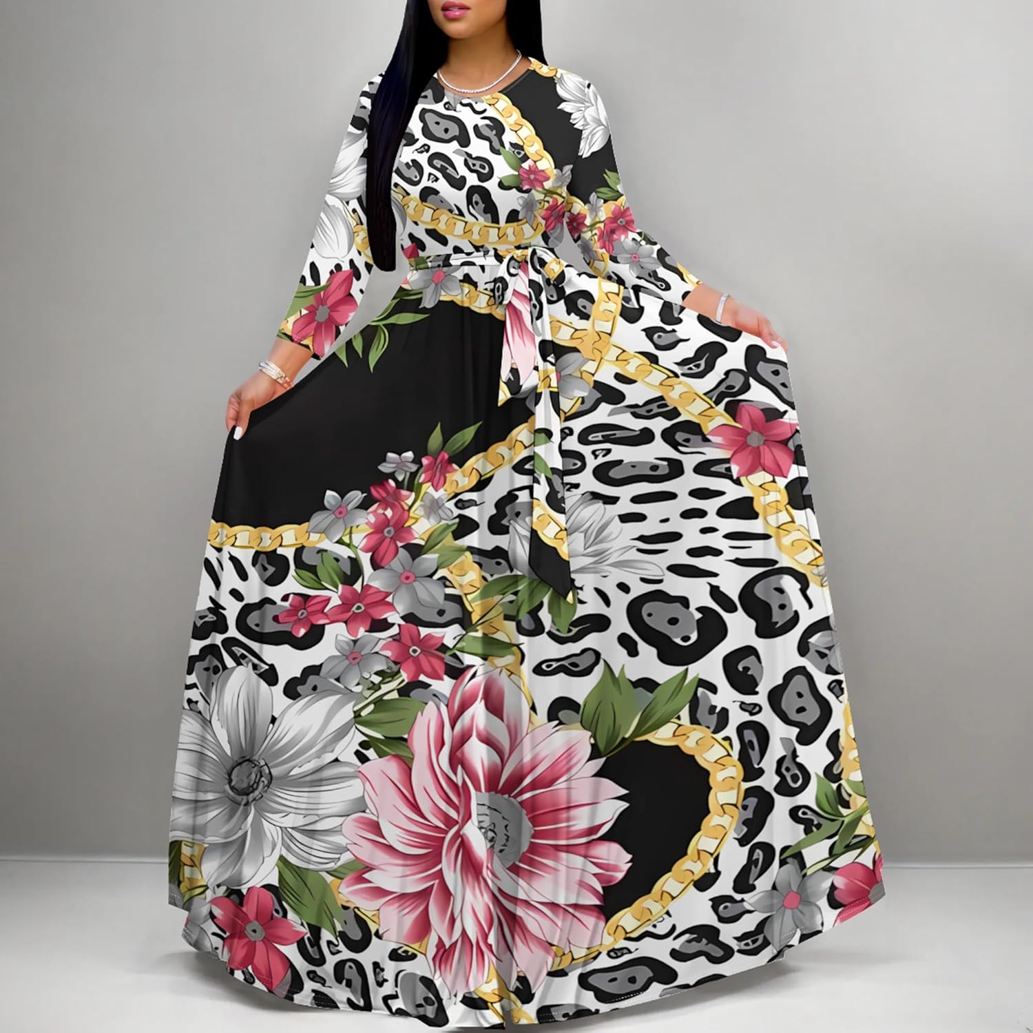 Plus Size Maxi Dresses for Curvy Women Casual 3/4 Sleeve Crewneck Floor Length Floral Print Dress with Belt - Image 3