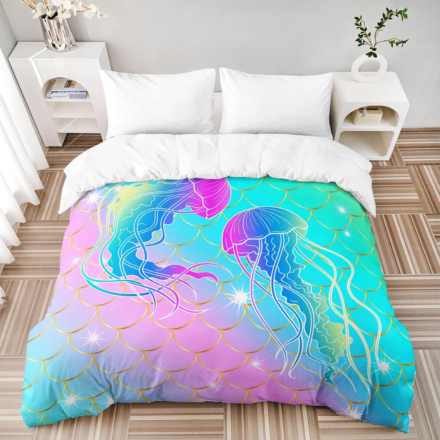 HOSIMA Mermaid Fish Scales Duvet Cover Twin,Jellyfish Printed Ocean Animal Rainbow Bedding Glitter Star Themed Twin Bedding for Girls Kids Room Decor.