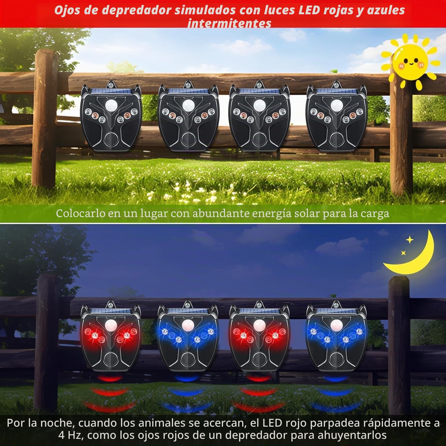 4X La energía Solar expulsa Animales nocturnos, Gatos, Perros, Ardillas, mapaches, Gusanos, Conejos, Zorros, Ciervos, pájaros. Detección de Deportes para repelentes Animales