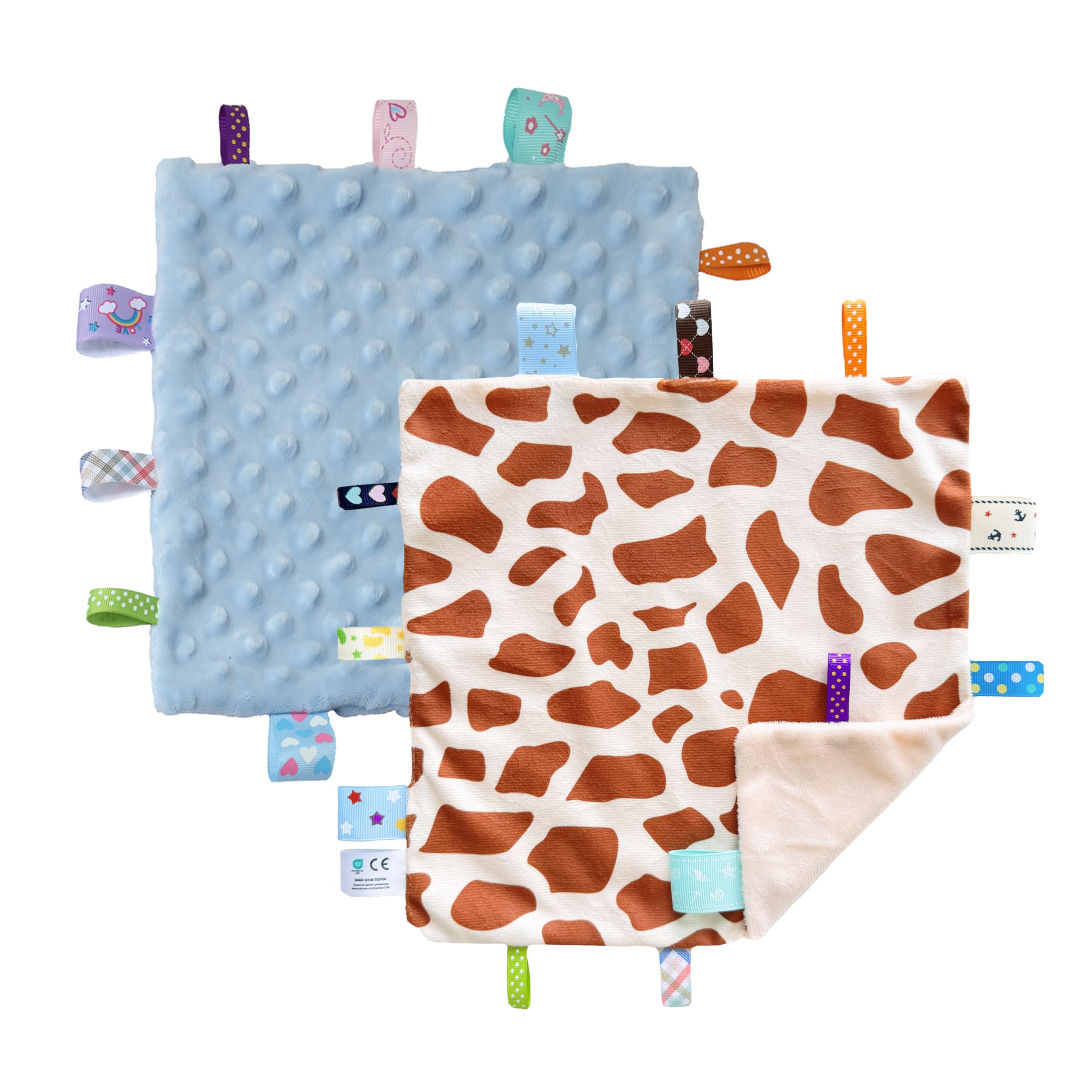 CREVENT Tag Security Blankets for Babies, Soft Small Loveys for Boys, Baby Comforter Sensory Blanket, Great Gifts for Birthday Baby Shower (10"X10" GiraffeDot+Blue)