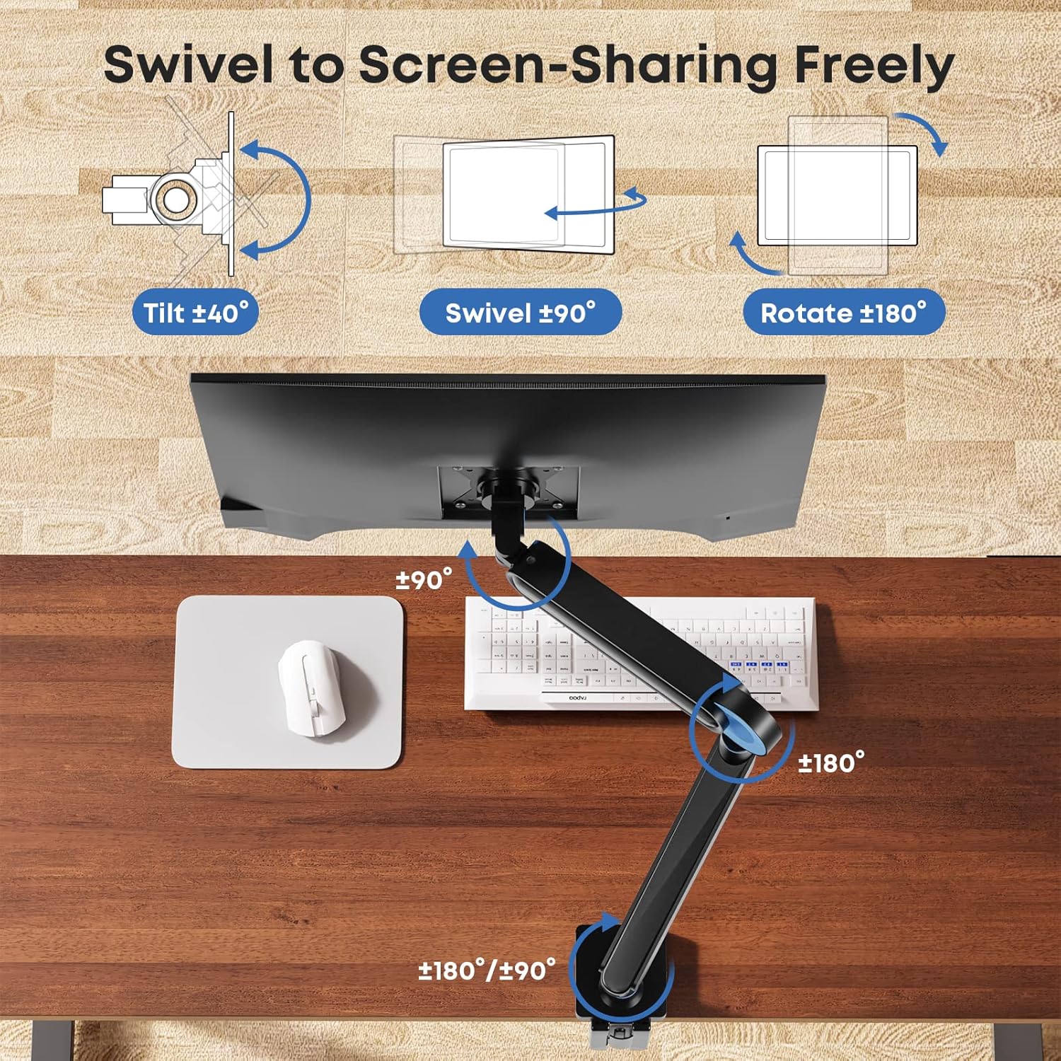 Diagram illustrating the tilt, swivel, and rotation capabilities of the monitor arm.
