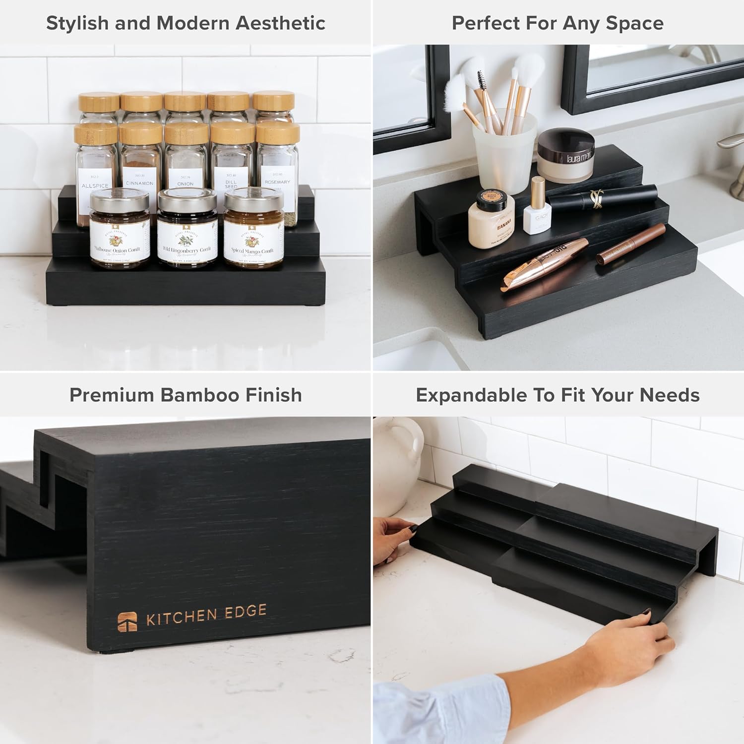 KitchenEdge Expandable Spice Rack Organizer for Cabinet, 3-Tier Shelf for Spice Organization (11” to 22”), Fits 36 Spice Jars, Seasoning and Pantry Storage, Non-Slip Feet, 100% Bamboo, Black Finish