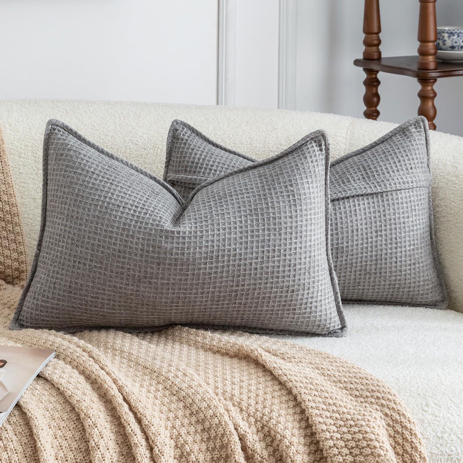 Madizz Pack of 2 Decorative Cushion Covers 30x50 CM Grey Linen Blend Throw Pillows Soft Solid Textured Pillow Covers for Couch Sofa Bedroom Living Room