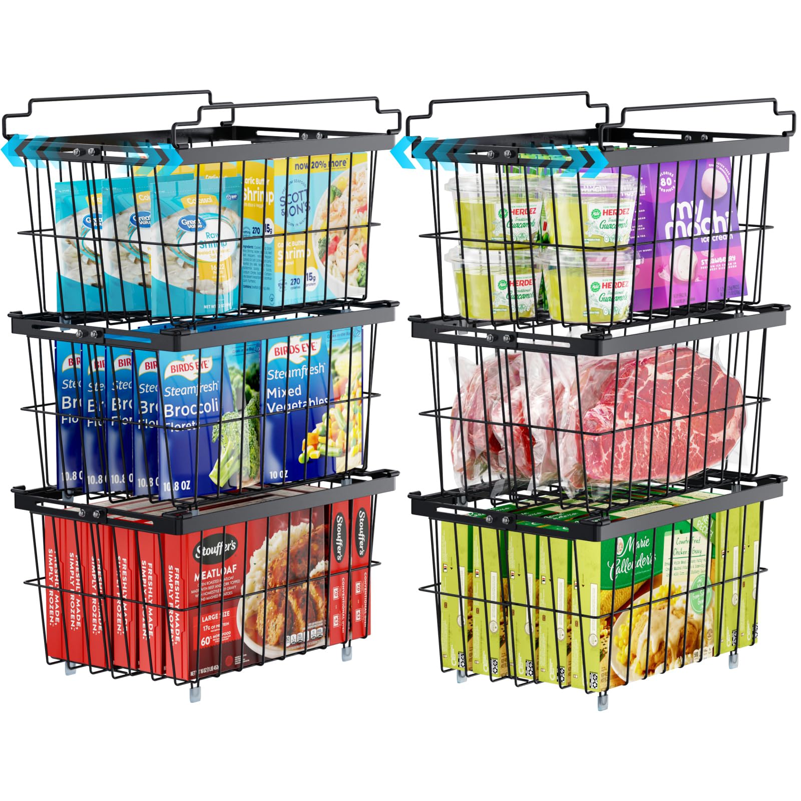 iSPECLE Freezer Organizer Bins - 6 Pack Adjustable Width for 5 to 7 Cu.Ft Chest Freezers, Stackable Freezer Wire Storage Baskets for Deep Freezer Organization, Assembly Required, Black