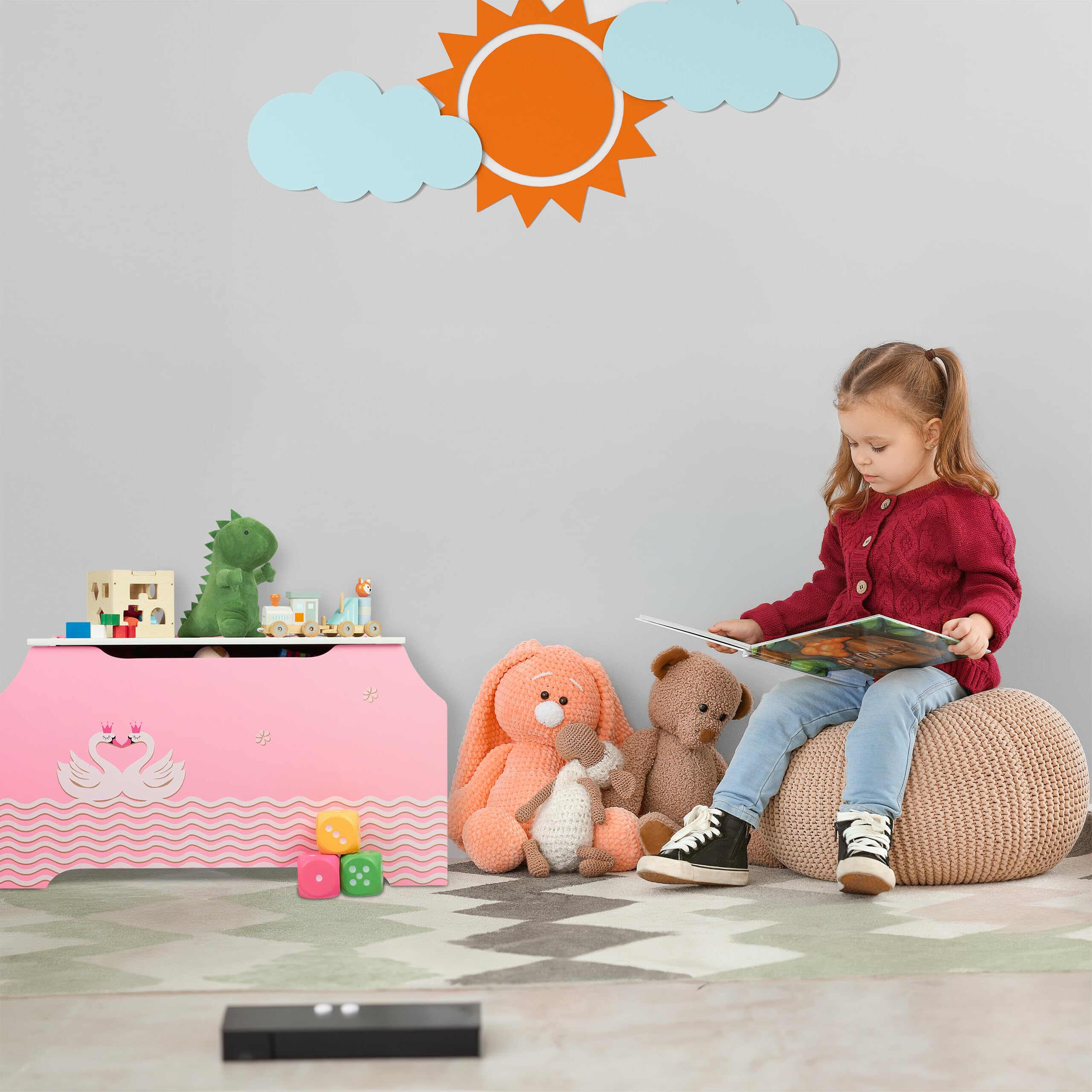 Relaxdays Baúl Juguetes, Diseño Cisnes, Caja Juguetes, Tapa, Baldas para Libros, 46x84x42,5 cm, Juguetero, Rosa y Blanco
