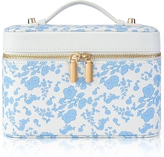 Makeup Bag Travel Toiletry Leather Cosmetic Case, Waterproof Makeup Organizer with Brush Holder, Wipe Clean Removable Divider Vanity Train Bag for Women, Vintage Blue