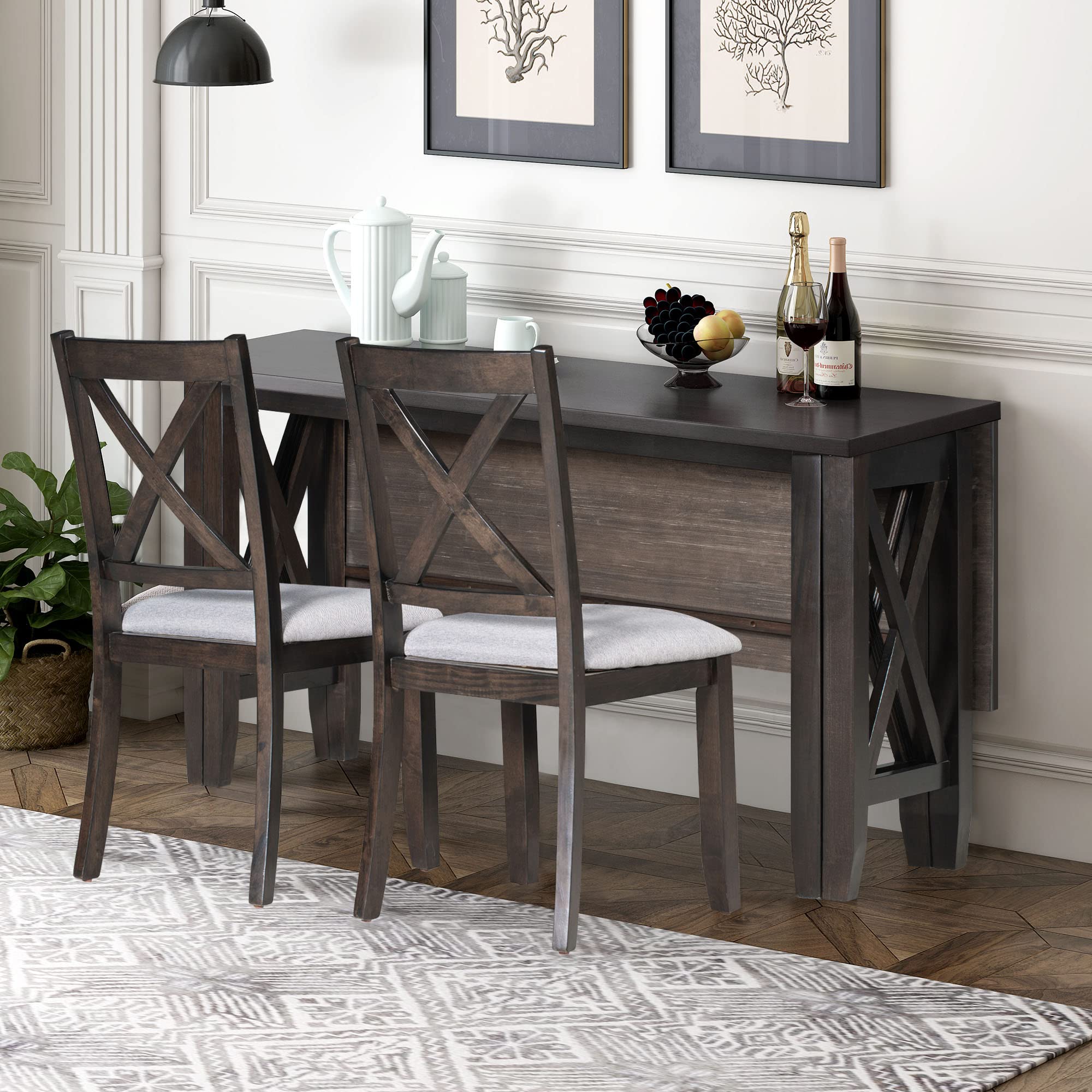 LUMISOL 6-Piece Family Dining Room Set Solid Wood Space Saving Foldable Table and 4 Chairs with Bench, Foldable 6-Piece Dining Table Set, Save Space,