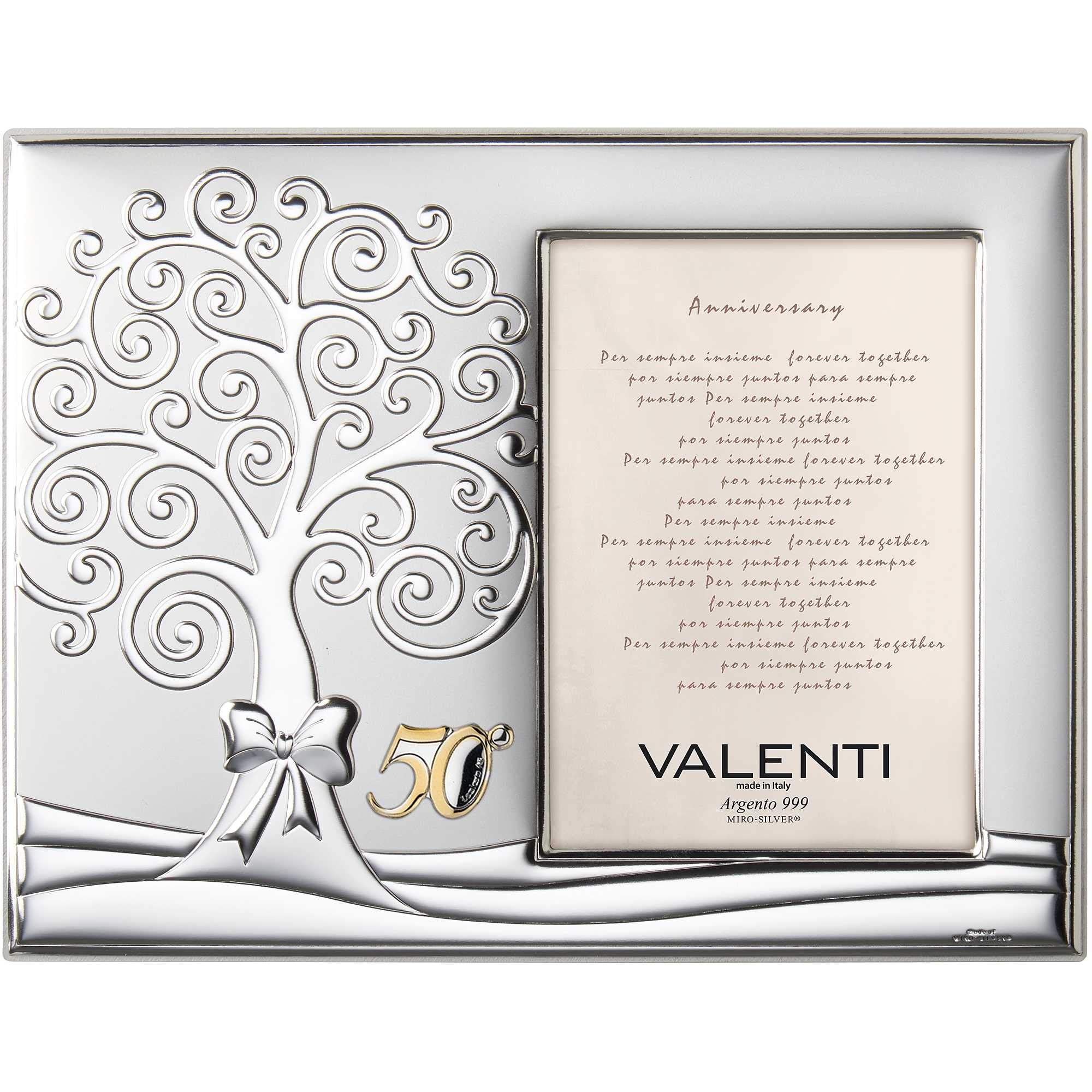 Cornice portafoto di valenti. Cornice portafoto in argento laminato con albero della vita. Ideale come regalo di nozze d'oro. Le dimensioni sono 10x15 cm. La referenza è 51082 3xl
