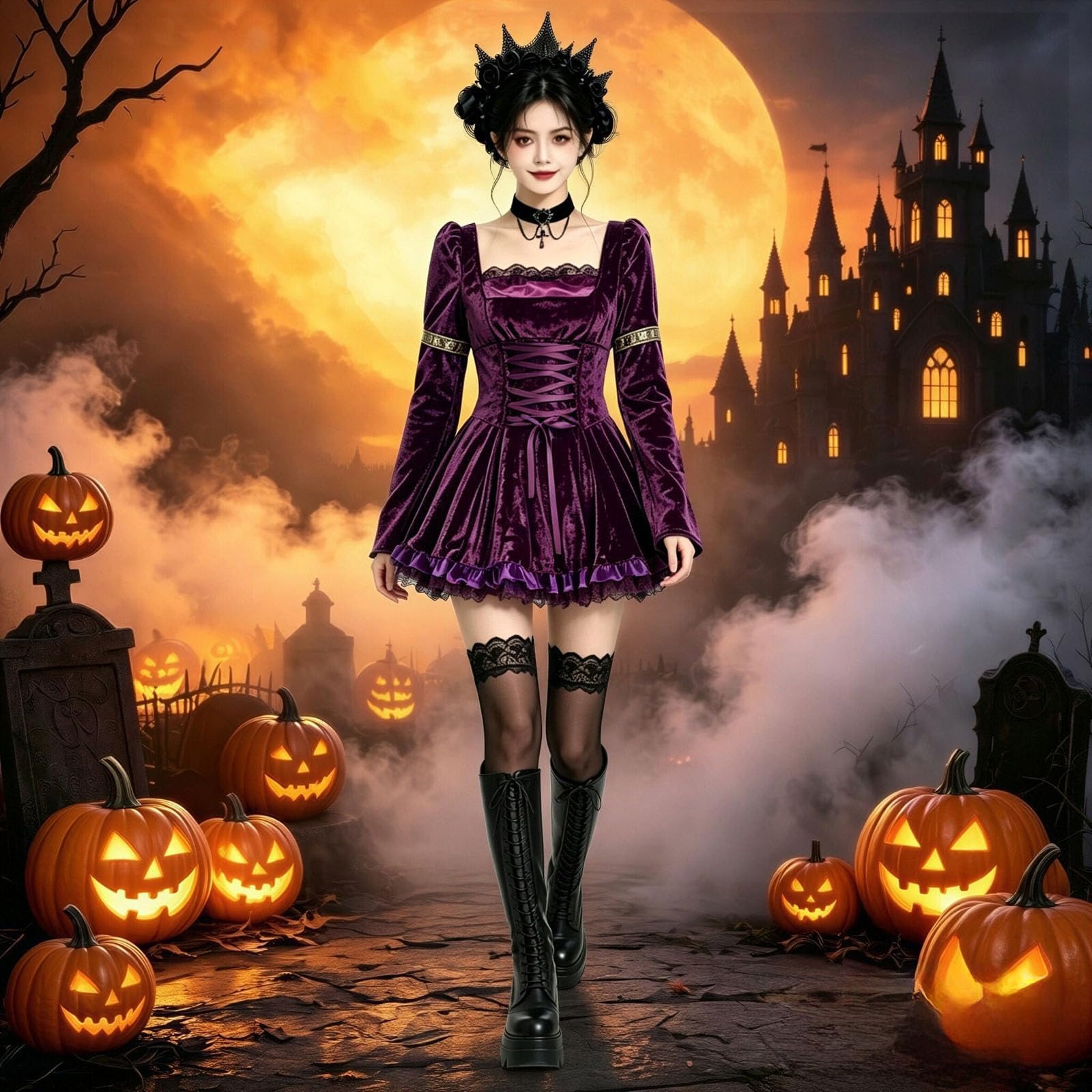 Vestido Halloween Mujer Gótico Manga Larga Escote Cuadrado Vestido Disfraz Renacentista de Terciopelo con Campana Cinta Ajustable en Cintura Falda Corta con Volantes para Fiestas de Halloween Cosplay