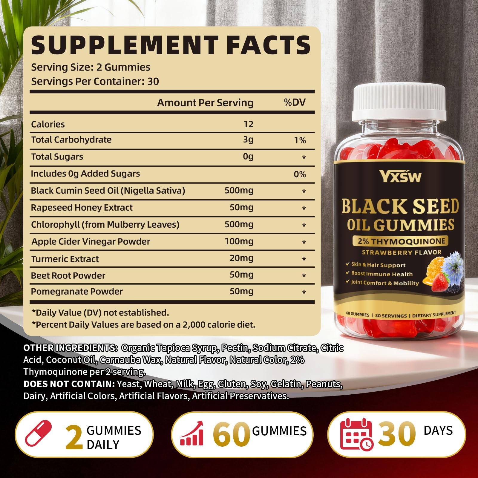 Black Seed Oil Gummies 500mg with Honey and 2% Thymoquinone, Nigella Sativa Seeds for Boost Immune Health, Joints, Digestion, Hair & Skin, Strawberry Flavor, 60 Count — Amazon image 2