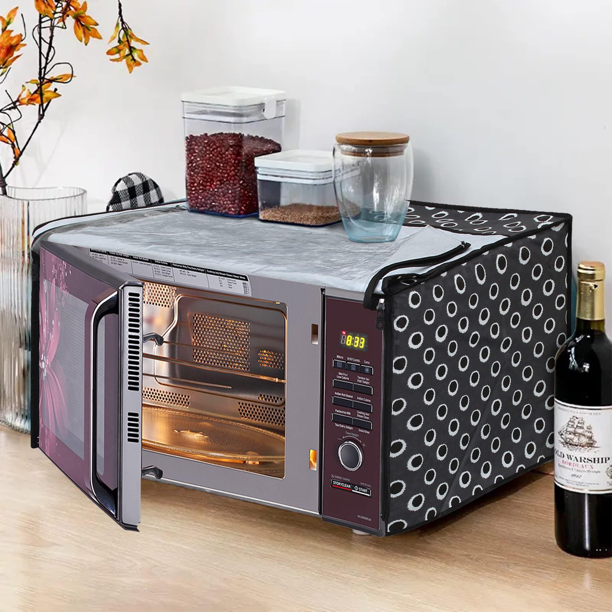 Glassiano Black Polka dot Printed Microwave Oven Cover for LG 28 Litre Convection Microwave Oven MC2846BV Black