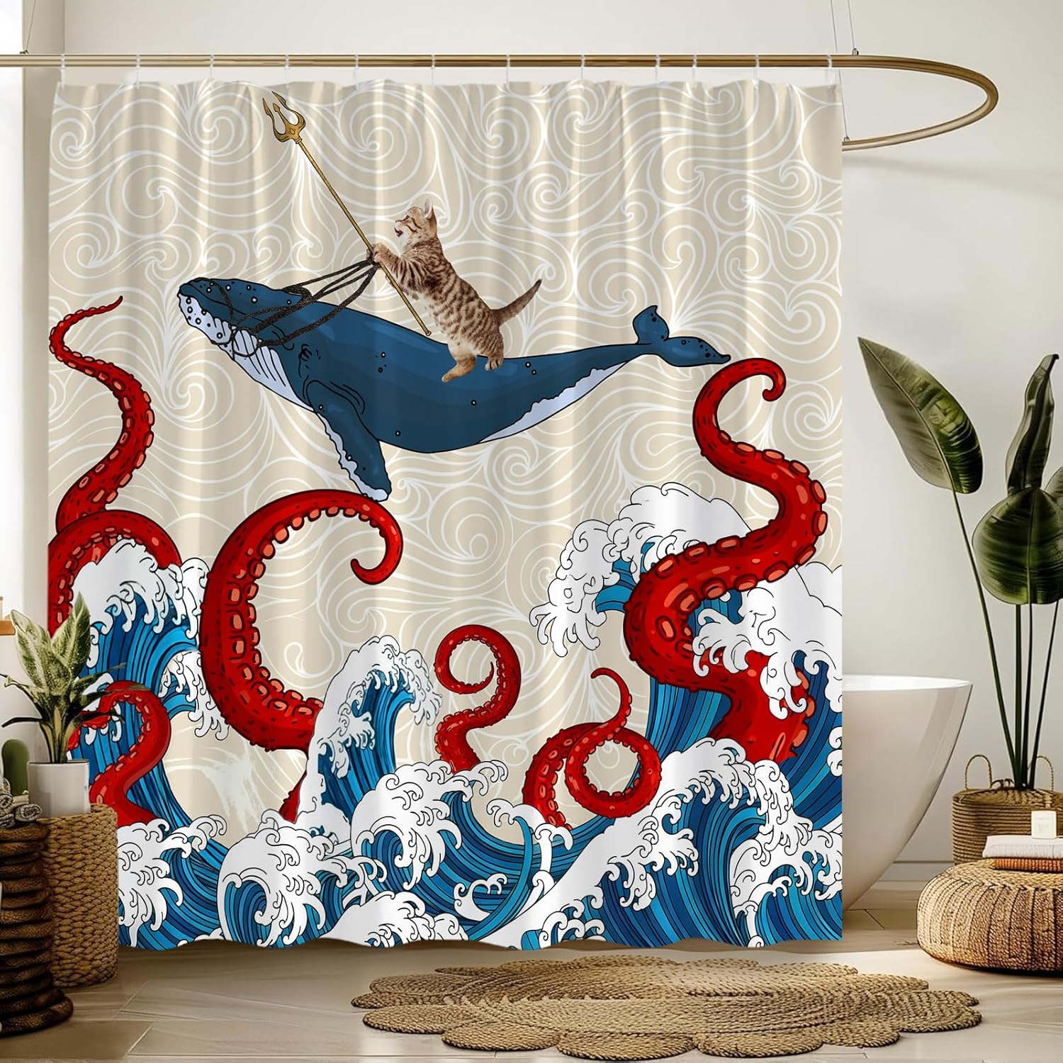 Nautical Octopus Shower Curtain Red Ocean Kraken Nautical Animal Octopus Tentacles Japanese Great Waves Funny Cat Whale Cool Marine Life Adventure Fabric Bathroom Decor Curtain with Hooks