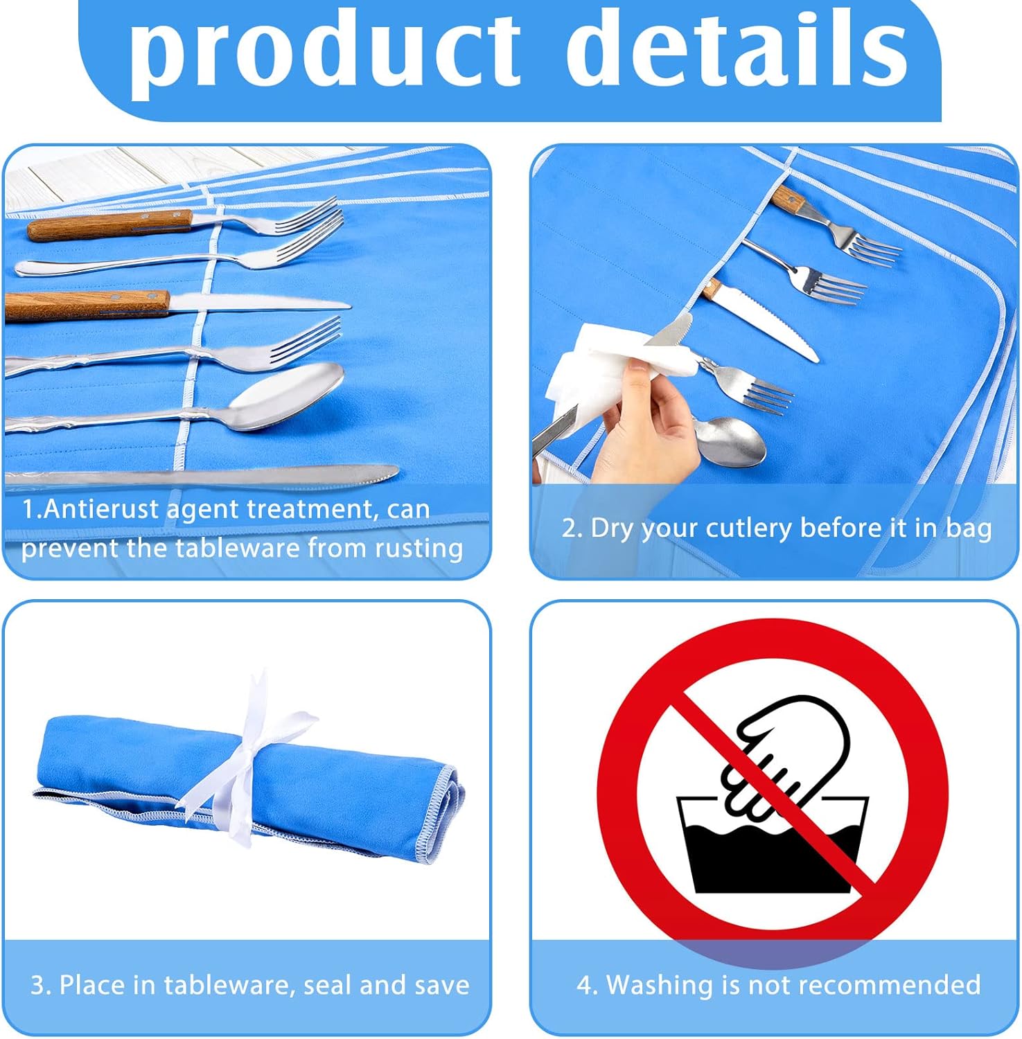 Weewooday Silver Storage Bags Anti Tarnish Silver Protector Bags Blue Holder for Silverware Flatware Storage Organizer Cloth Place Setting Roll with White Ribbon for Teaspoon Utensils(6 Pieces) - Image 3