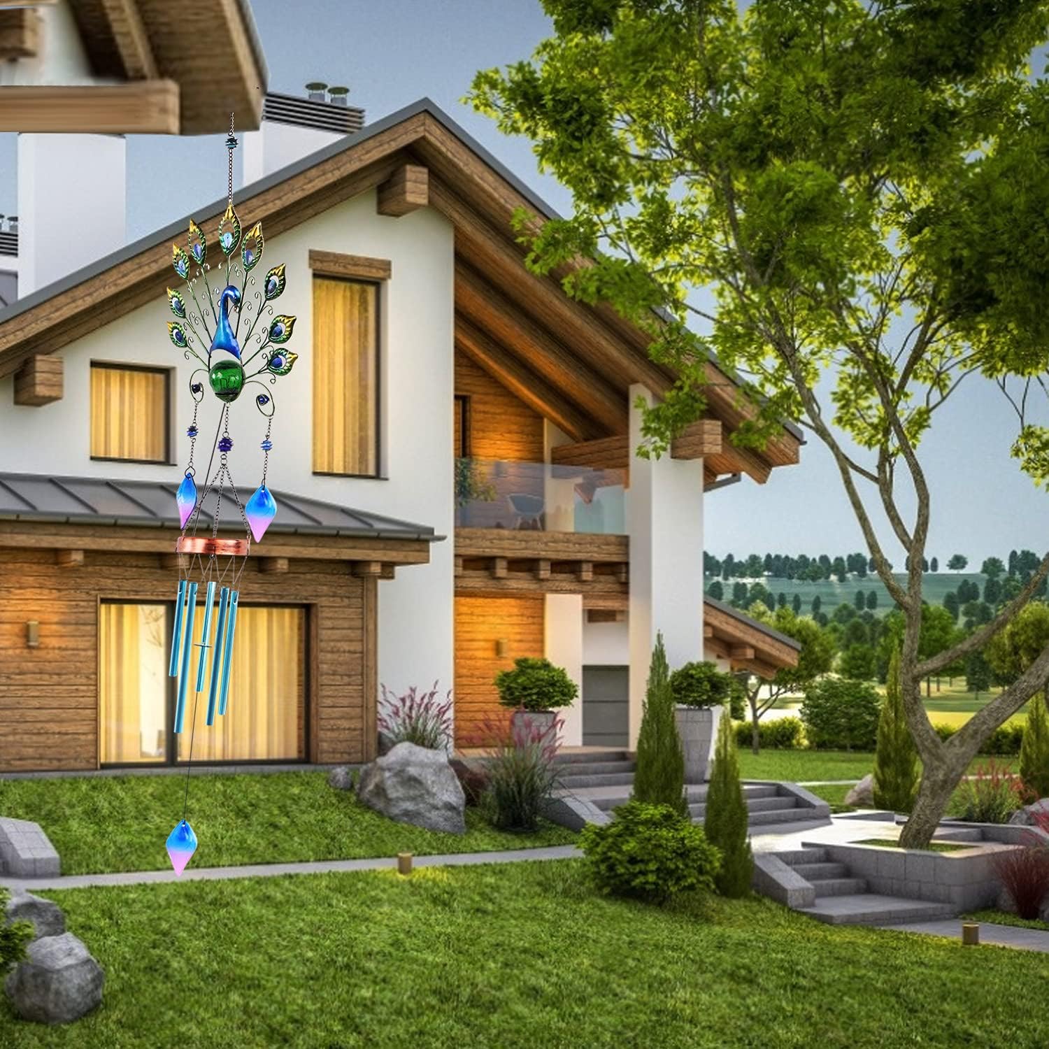 Pearlstar Solar Wind Chimes Outdoor, 53.5" Large Peacock Wind Chimes Light with Crackle Glass Ball, Waterproof Colorful Metal Peacock Wind Chimes for Garden Patio Yard Home Decor Memorial Gift… - Image 6