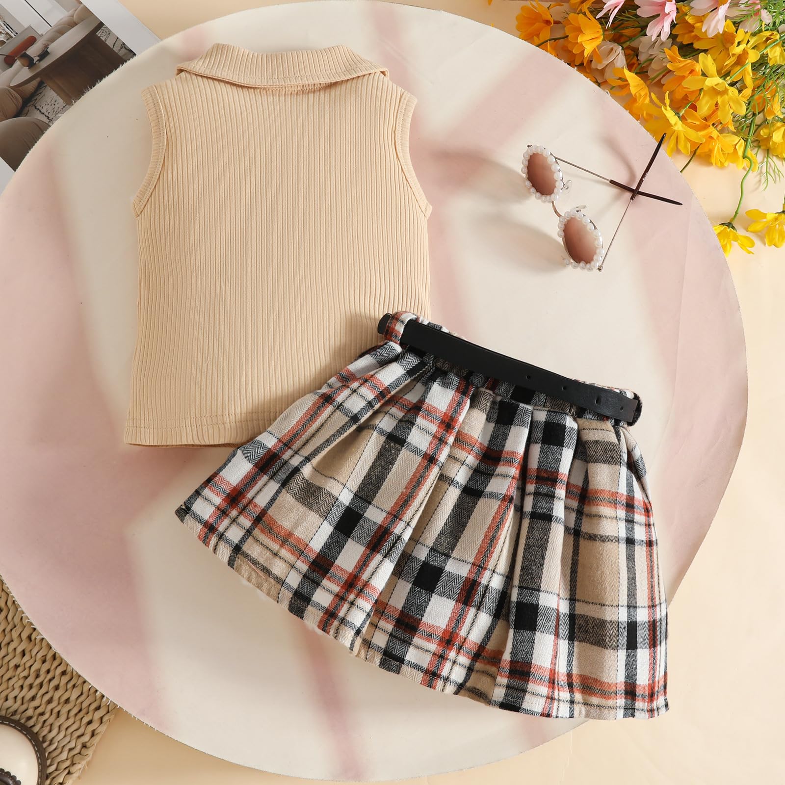 3Pcs Ensemble Bébé Fille Sans Manches Haut Tops + Elegante Mini Jupe à Carreaux + Ceinture 3 Pièces Rode Été Vêtements Tenues