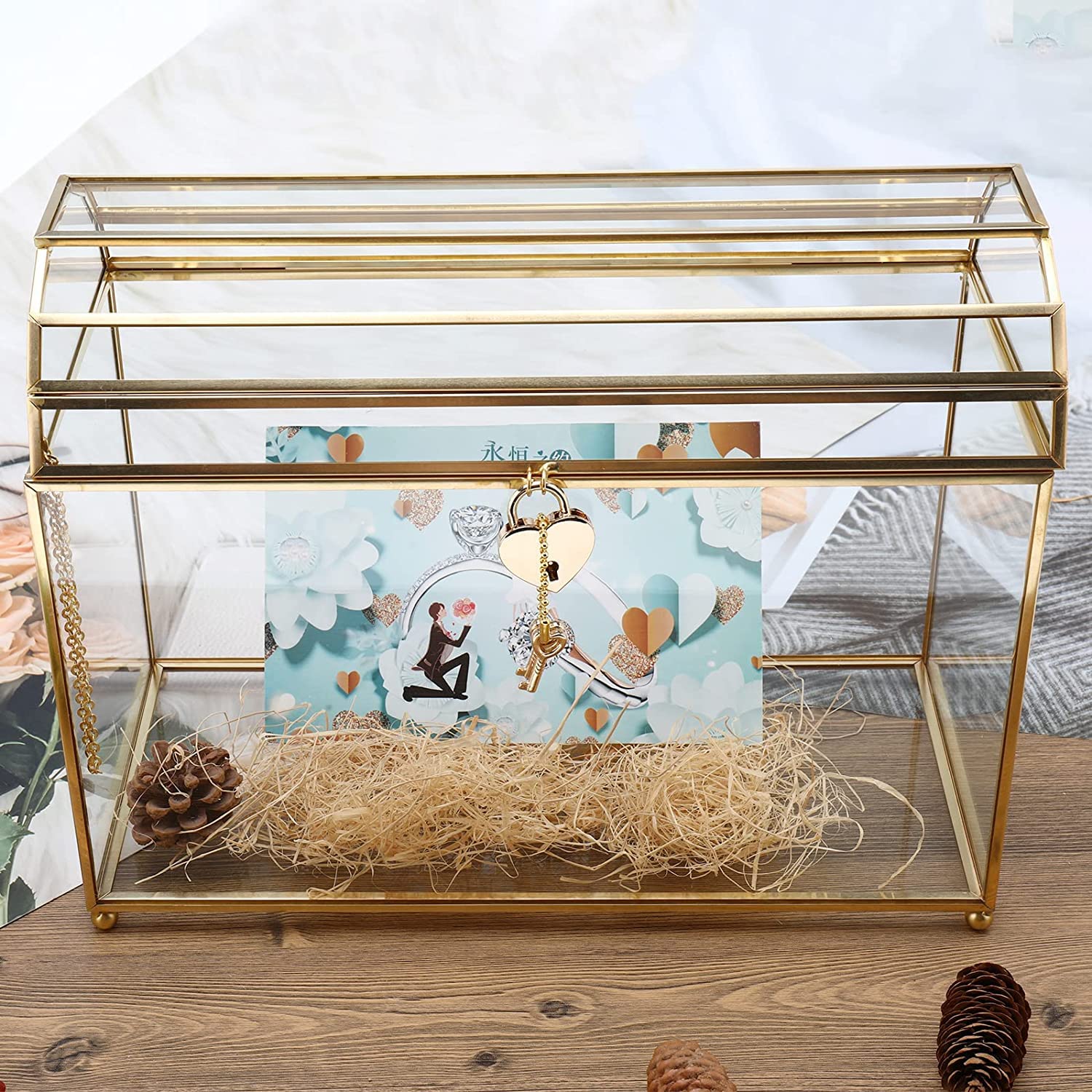 Homtone 31 cm Große Glas Hochzeit Kartenbox mit Schlitz und Schloss, Geometrisches Terrarium Gold Glaskasten, Vintage Präsentationsbox für Hochzeitsempfang, Tafelaufsatz