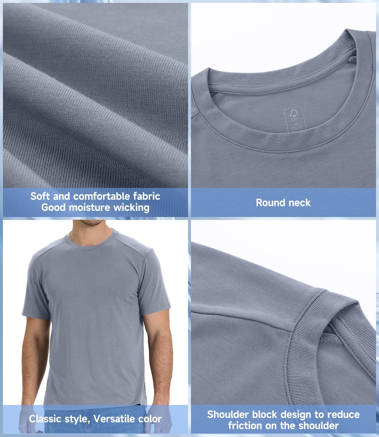 BAMBOO COOL Camisetas de manga corta para hombre, pesadas, cuello redondo, para hombre, absorben la humedad, camisetas casuales