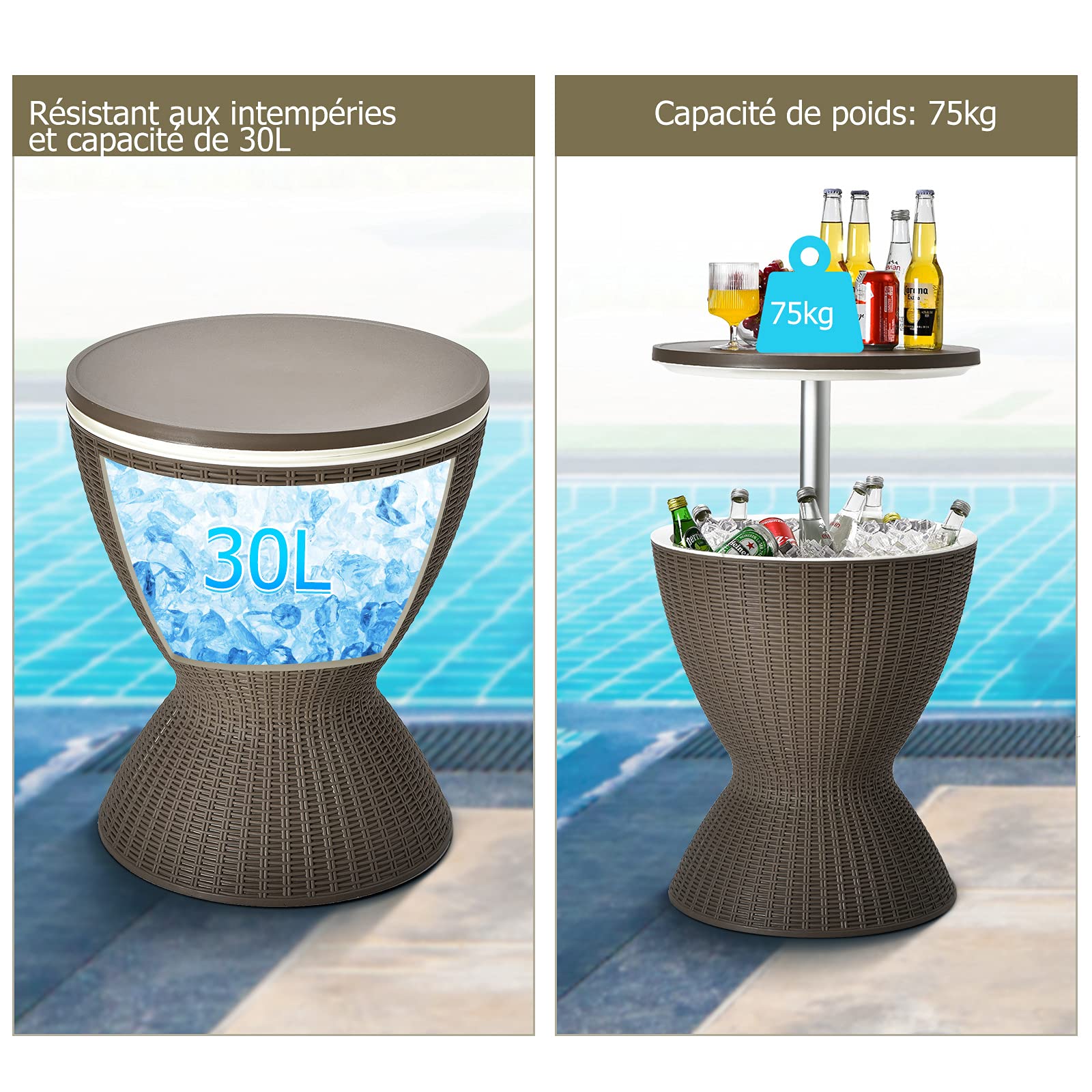 GOPLUS Cubo de Hielo 3 en 1 Ajustable en Altura con tapón de Vaciado, Mesa de Enfriador de Hielo, 30 l de Polipropileno y Mimbre Imitado, Mesa de jardín con Cuenco para Cubitos de Hielo para Playa