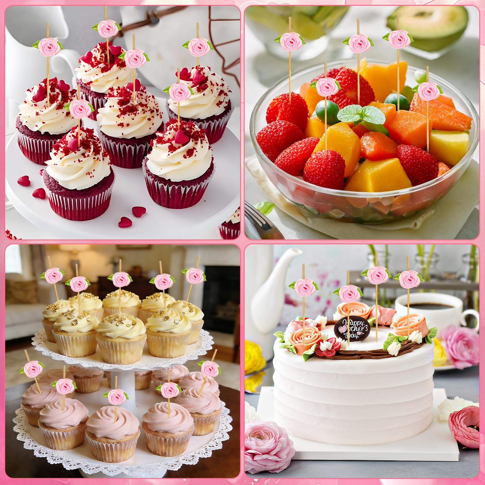 Stuzzicadenti da Cocktail, 100 Pezzi Spiedini da Cocktail Fiore, con Decorazioni Fiore e Foglie Verdi, 12cm, per Estate, Feste di San Valentino, Compleanno e Matrimoni (Rosa)