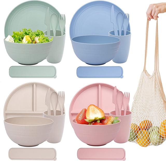 Premium Plates and Bowls Set with String Bag, Unbreakable Plastic Dinner Sets for 4 100% Eco-Friendly Reusable, Newlest Portion Control Plates, Cups, Bowls & Cutlery Set,Perfect for Adults Kids Pets