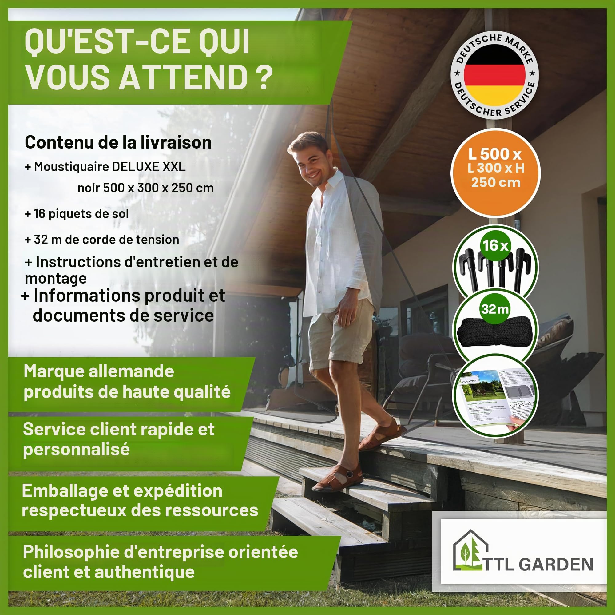 TTL GARDEN Moustiquaire Deluxe XXL - 500 x 300 x 250 cm - Noir - Maille fine de 0,07 mm - 3 entrées - Résistante aux UV et respirante - Protection contre les insectes