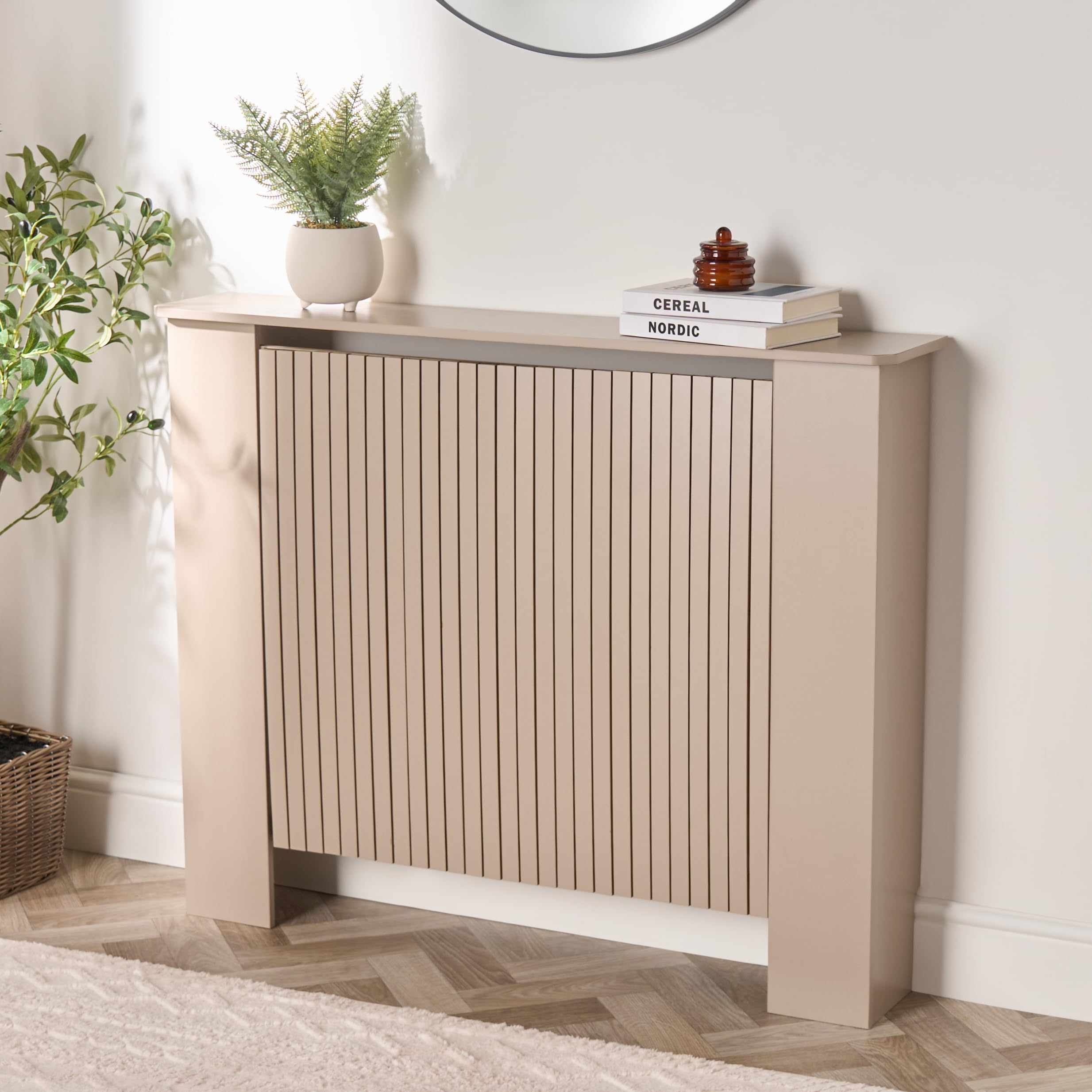 OHS Radiator Cover Stylish Slatted Front, Ribbed Large Radiator Cover MDF Wood Frame Top Shelf Decorative Heater Cover for Living Room Bedroom Hallway, Taupe - 150 x 82 x 19cm