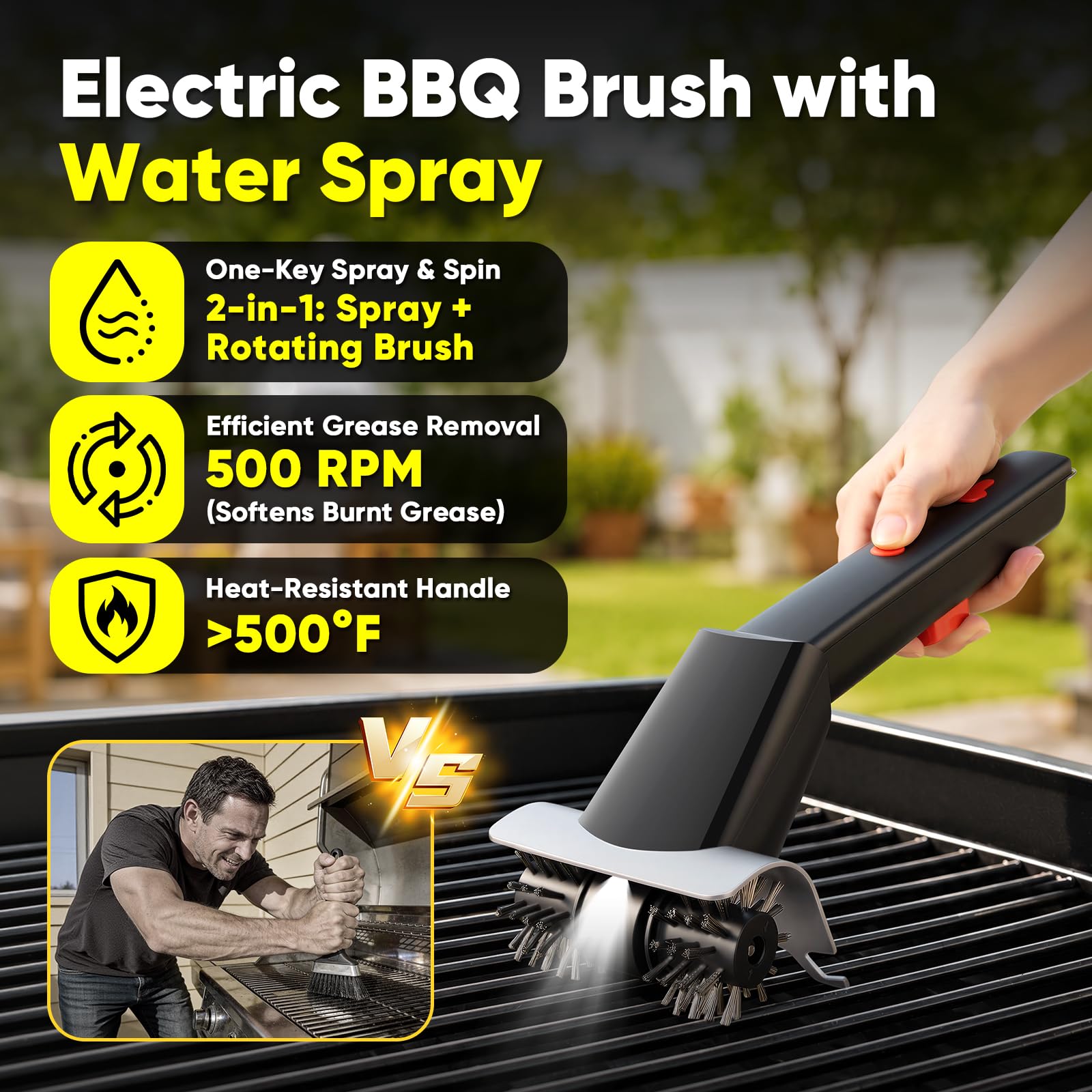 Elektrische BBQ Grill Reinigungsbürste - 2 in 1 rotierende Bürste mit Wasserspray, Edelstahlborsten, langer Griff, wiederaufladbar, IPX4 wasserdicht, für Outdoor-Grills und Herdplatten