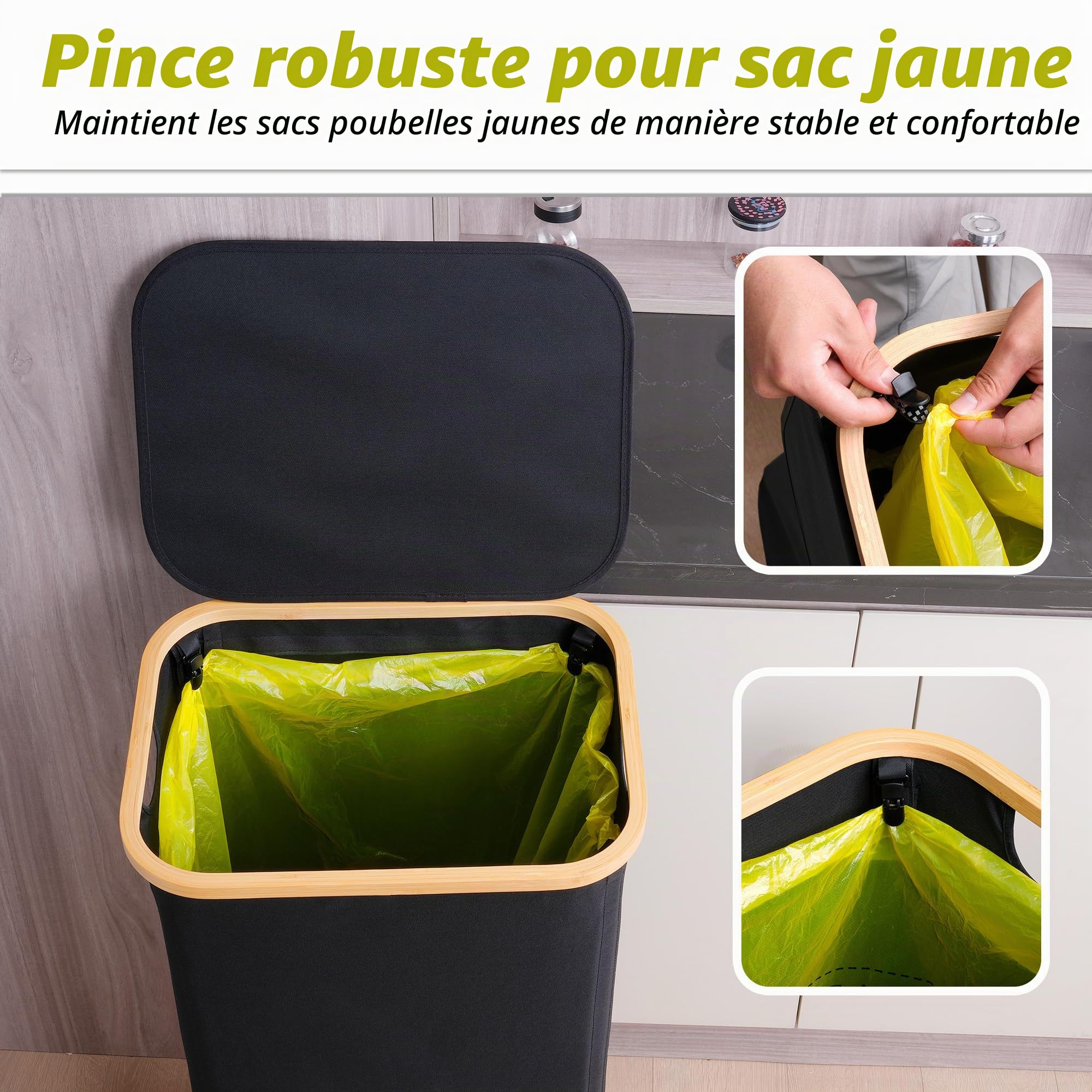 efluky Support pour sac poubelle jaune 100 l, avec couvercle, support pour sacs jaunes, retrait facile grâce à la porte à l'arrière, récipient pour cuisine et maison [sans poche intérieure] - Noir