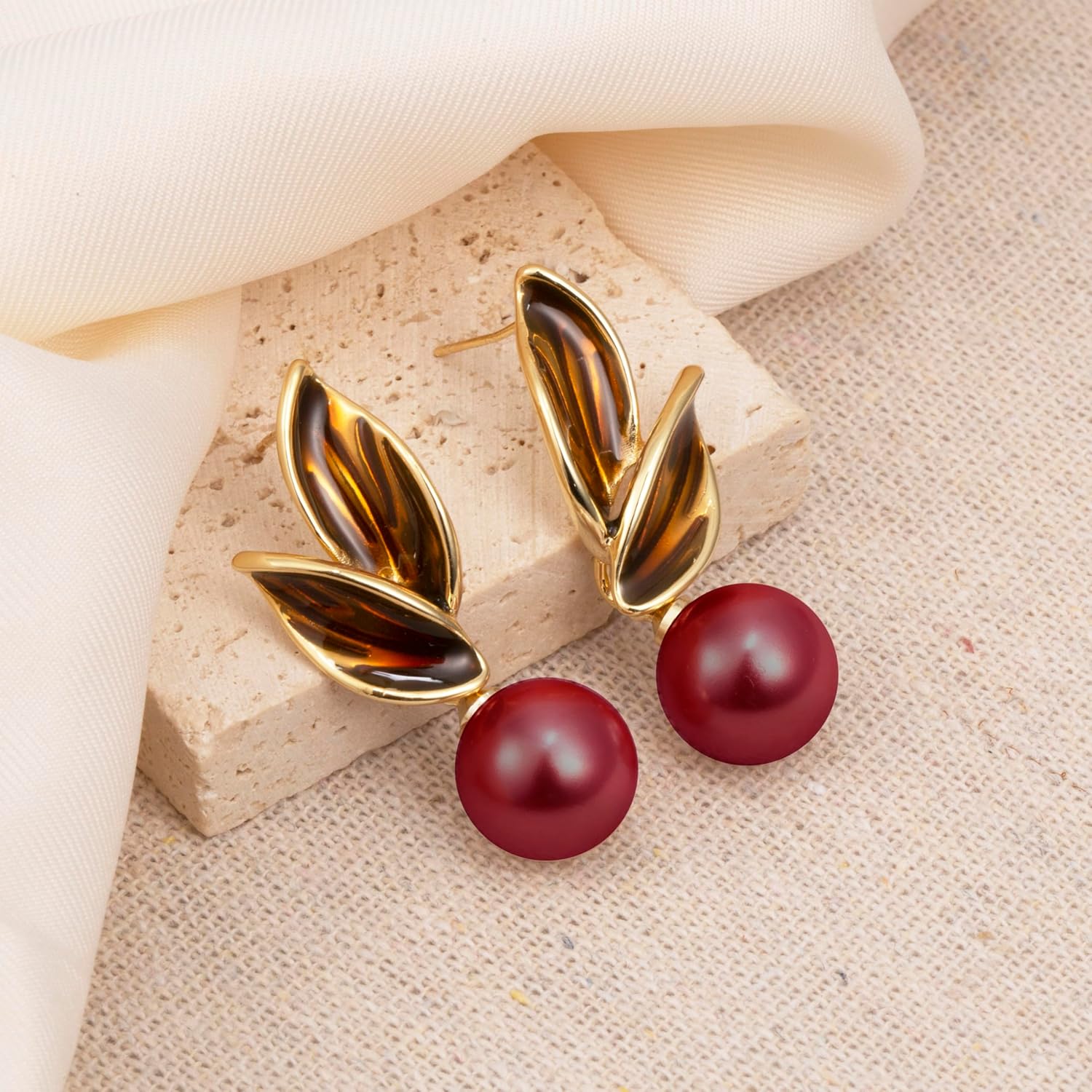 Four Colors Vintage Pearl Earrings, 18K Gold Plated Pearl Drop Earrings Dangle, Delicate Leaf Studs with Simulated Shell Pearls - Image 3
