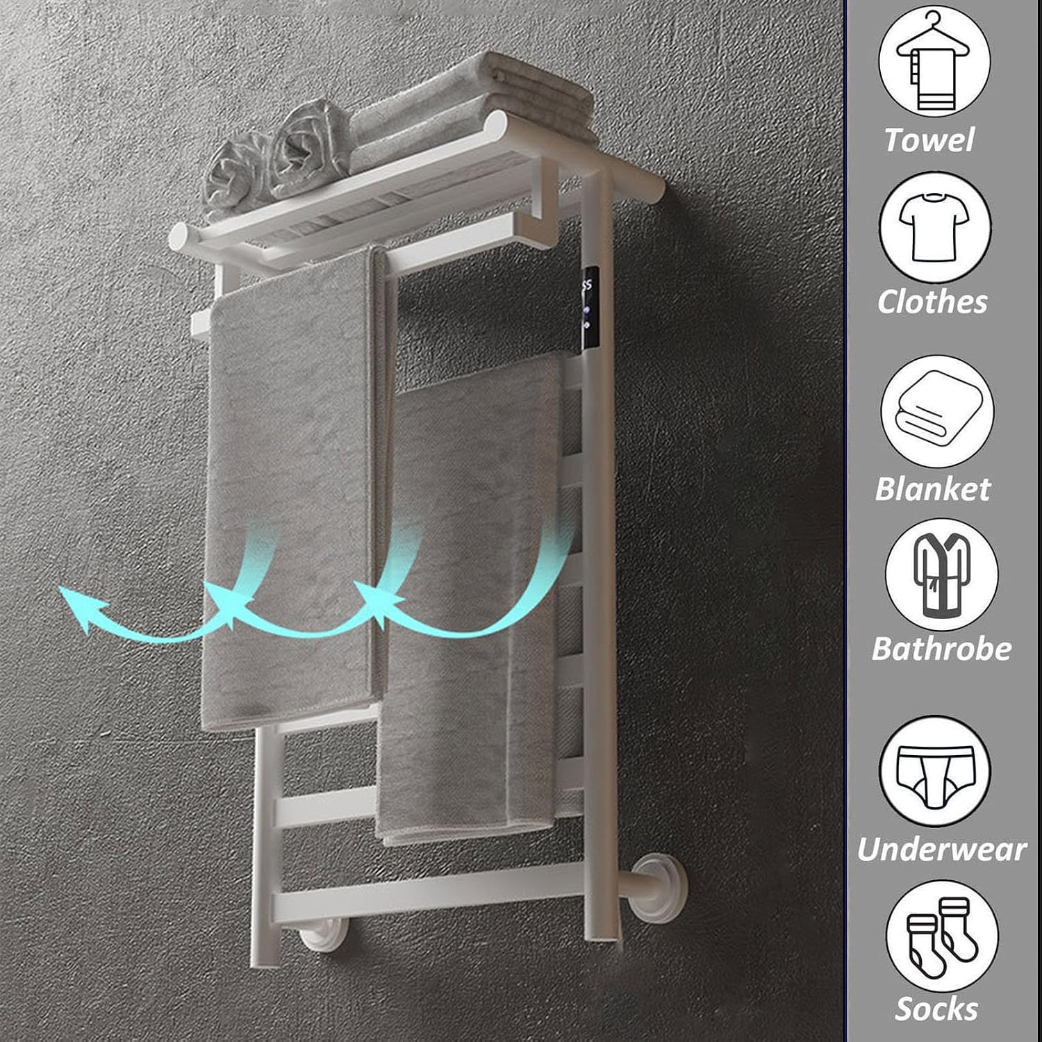 Wall Mounted with Timer,Plug-in Heated Drying Rack with Top Shelf,Stainless Steel Heated Towel Racks for Bathroom-White-Right Wire,White-Left Wire image 2