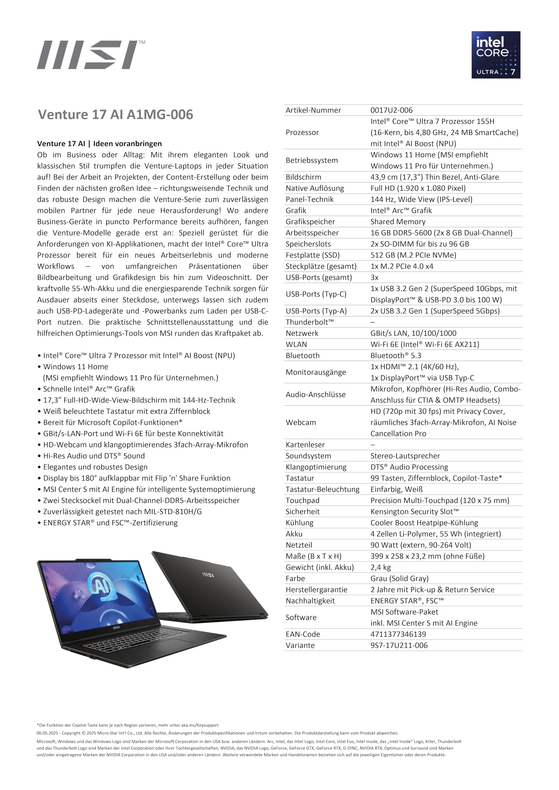 MSI Venture 17 AI, laptop biznesowy, procesor Core Ultra 7, wyświetlacz Full HD 17,3", karta graficzna Arc, 16 GB RAM, 512 GB SSD, Windows 11 Home, klawiatura QWERTZ, A1MG-006