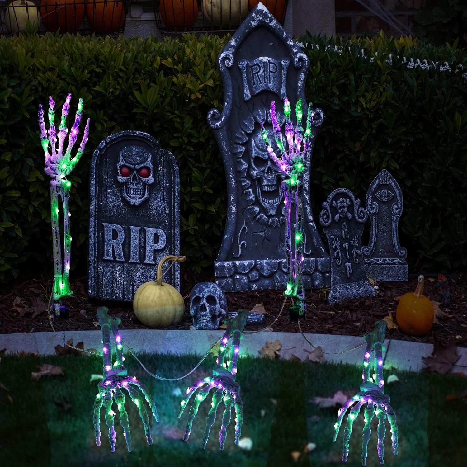 Halloween Lighted Skeleton Arm Decorations 5 Packs,Halloween Arm Stakes with Solar Powered Lights, 8 Lighting Modes with 150 LED Waterproof for Outdoor Pathway Yard Home Party Decor